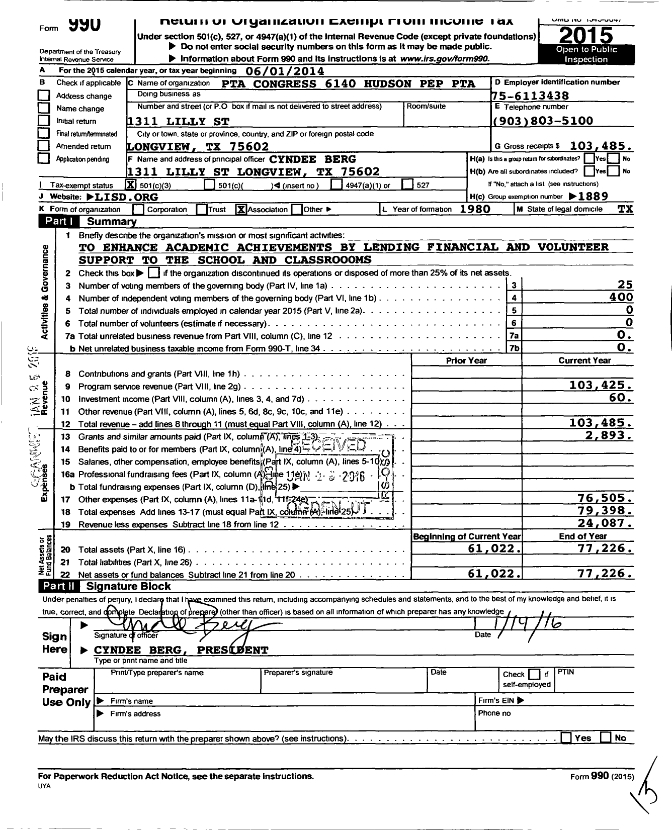 Image of first page of 2015 Form 990 for Texas PTA - 6140 Hudson Pep PTA