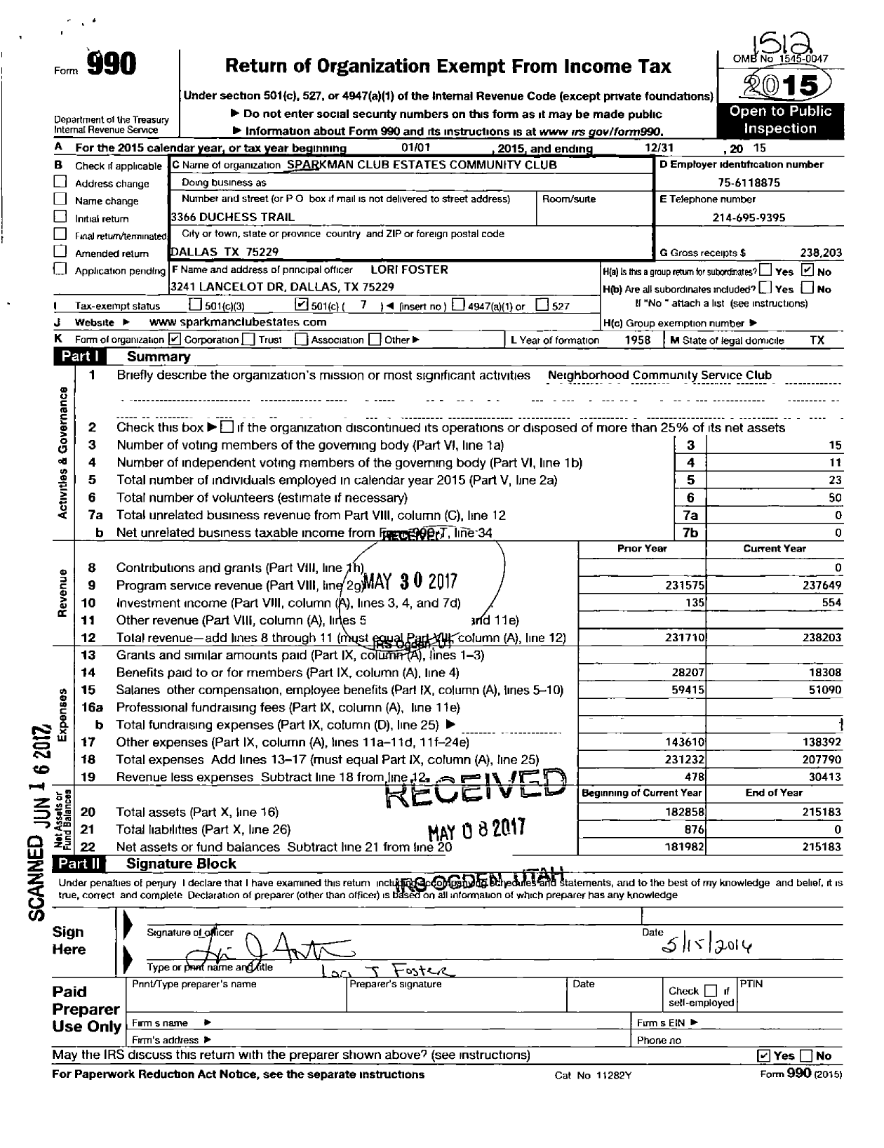 Image of first page of 2015 Form 990O for Sparkman Club Estates Community Club