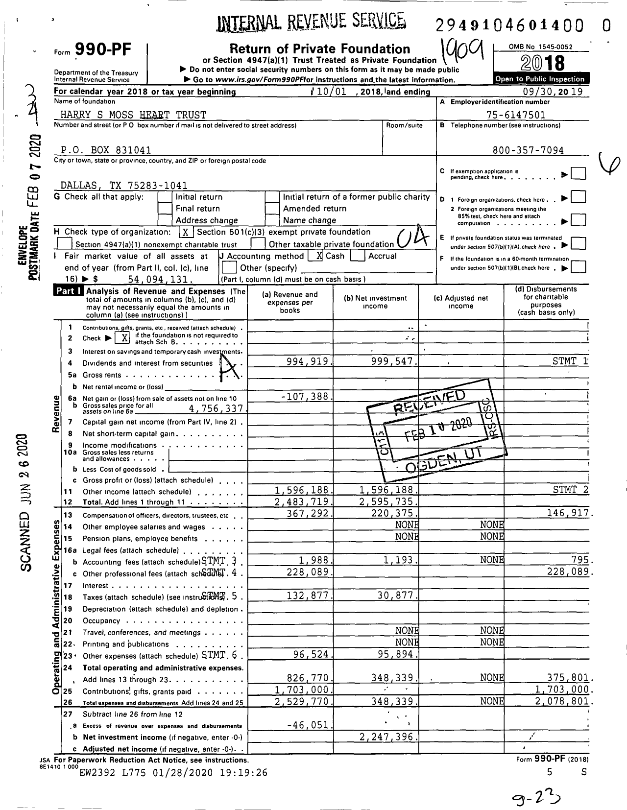 Image of first page of 2018 Form 990PR for Harry S Moss Heart Trust