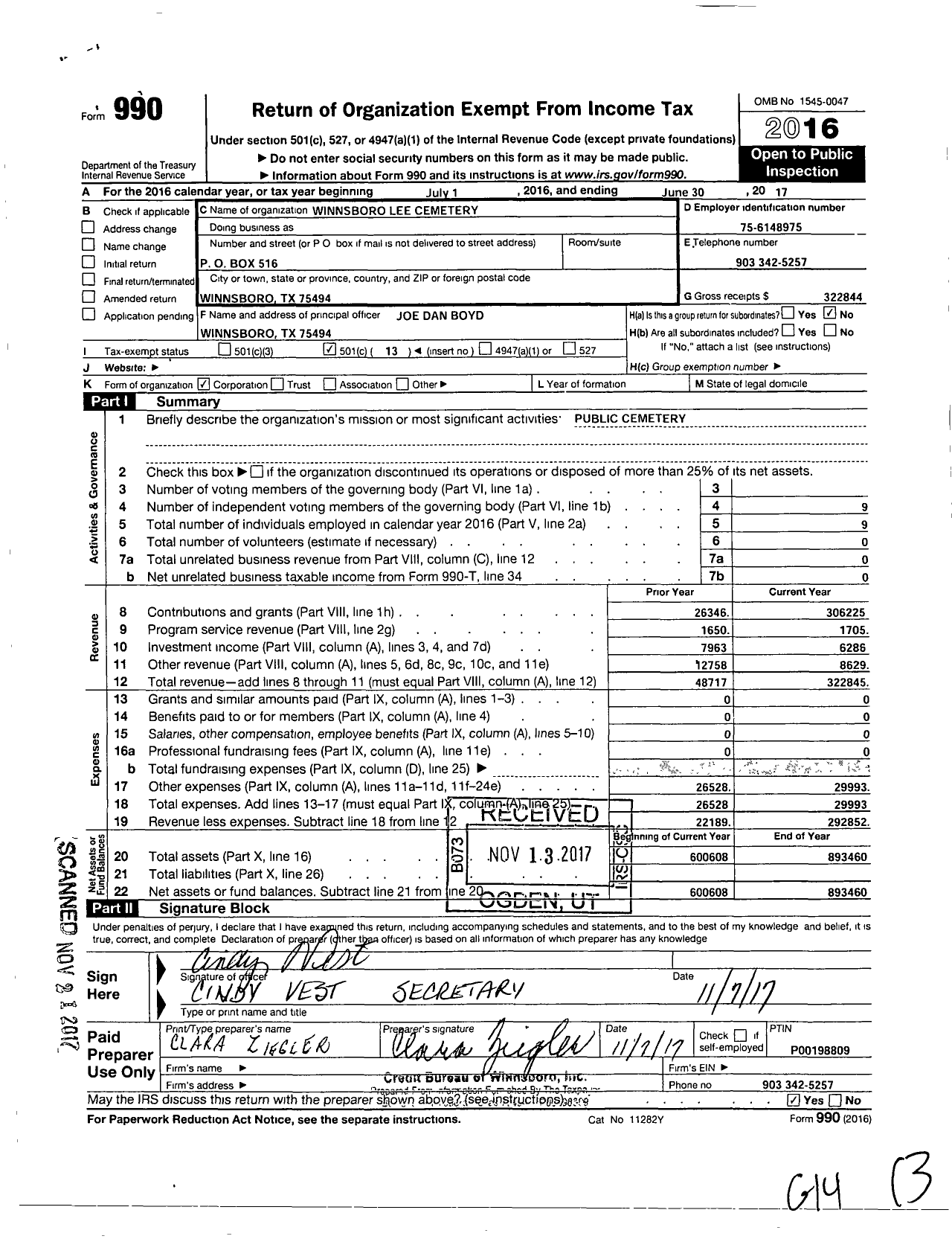 Image of first page of 2016 Form 990O for Winnsboro Lee Cemetery Association