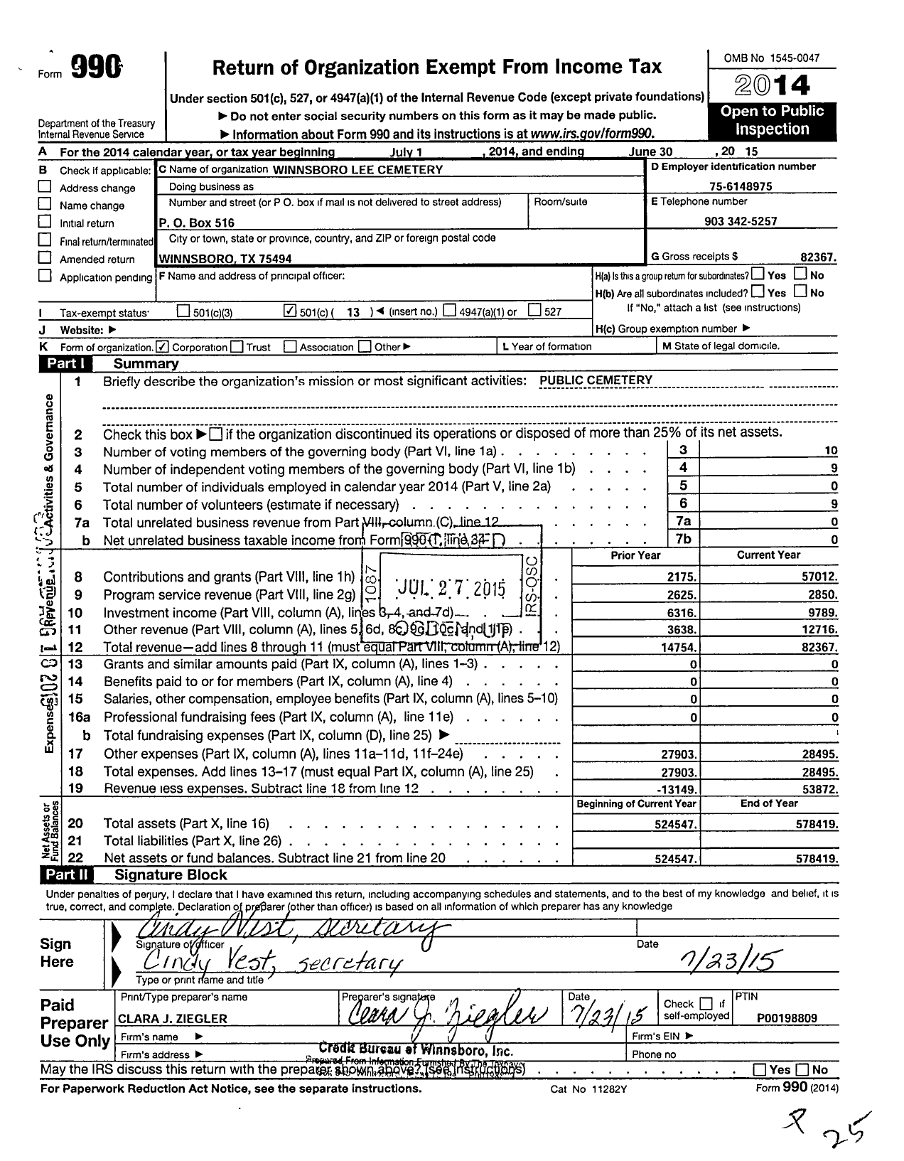 Image of first page of 2014 Form 990O for Winnsboro Lee Cemetery Association