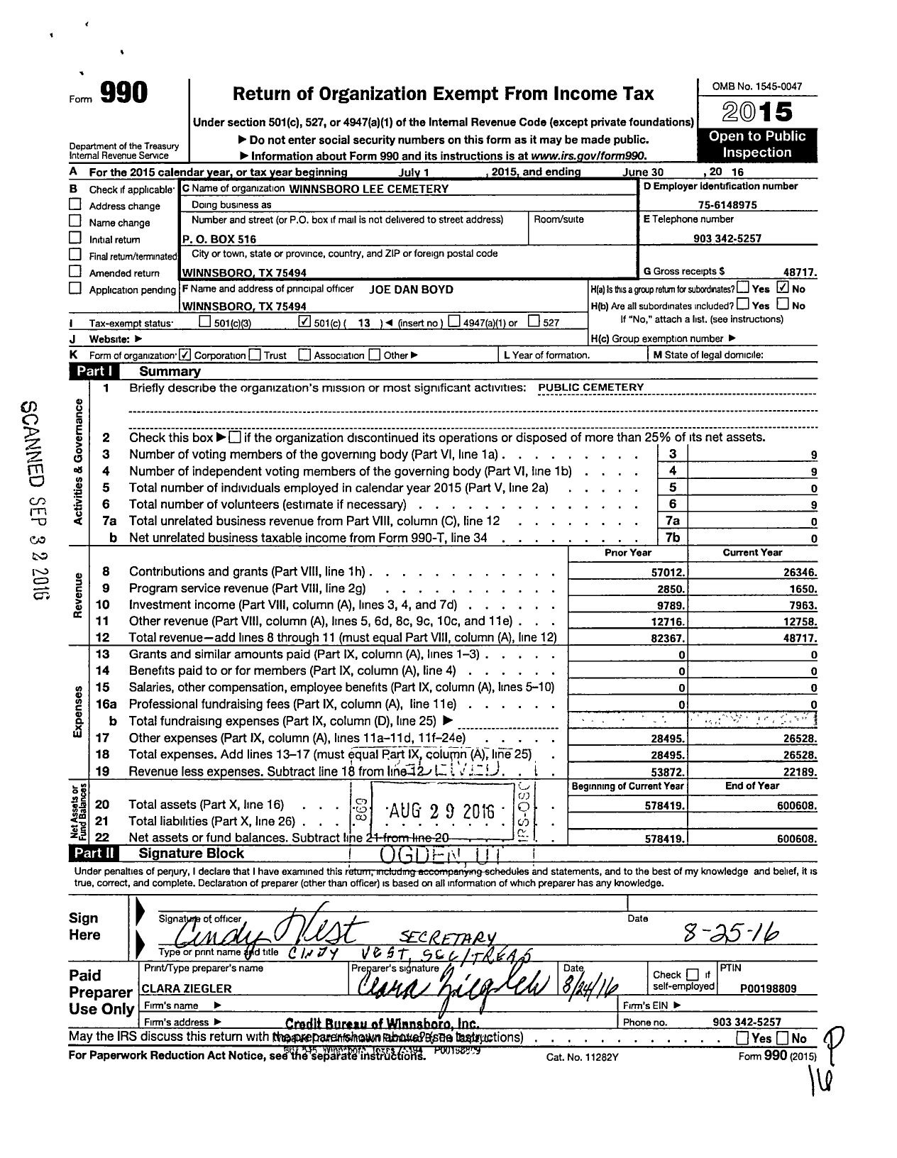 Image of first page of 2015 Form 990O for Winnsboro Lee Cemetery Association