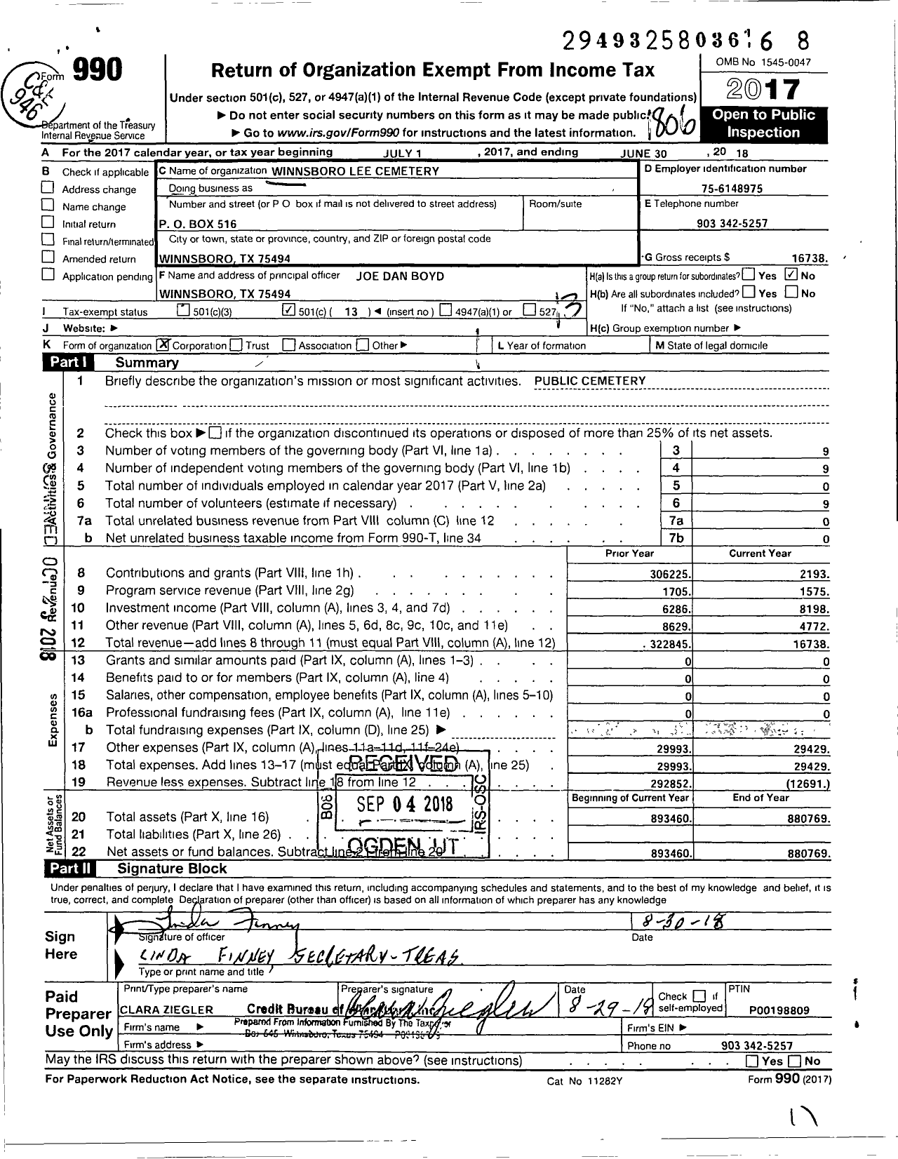 Image of first page of 2017 Form 990O for Winnsboro Lee Cemetery Association