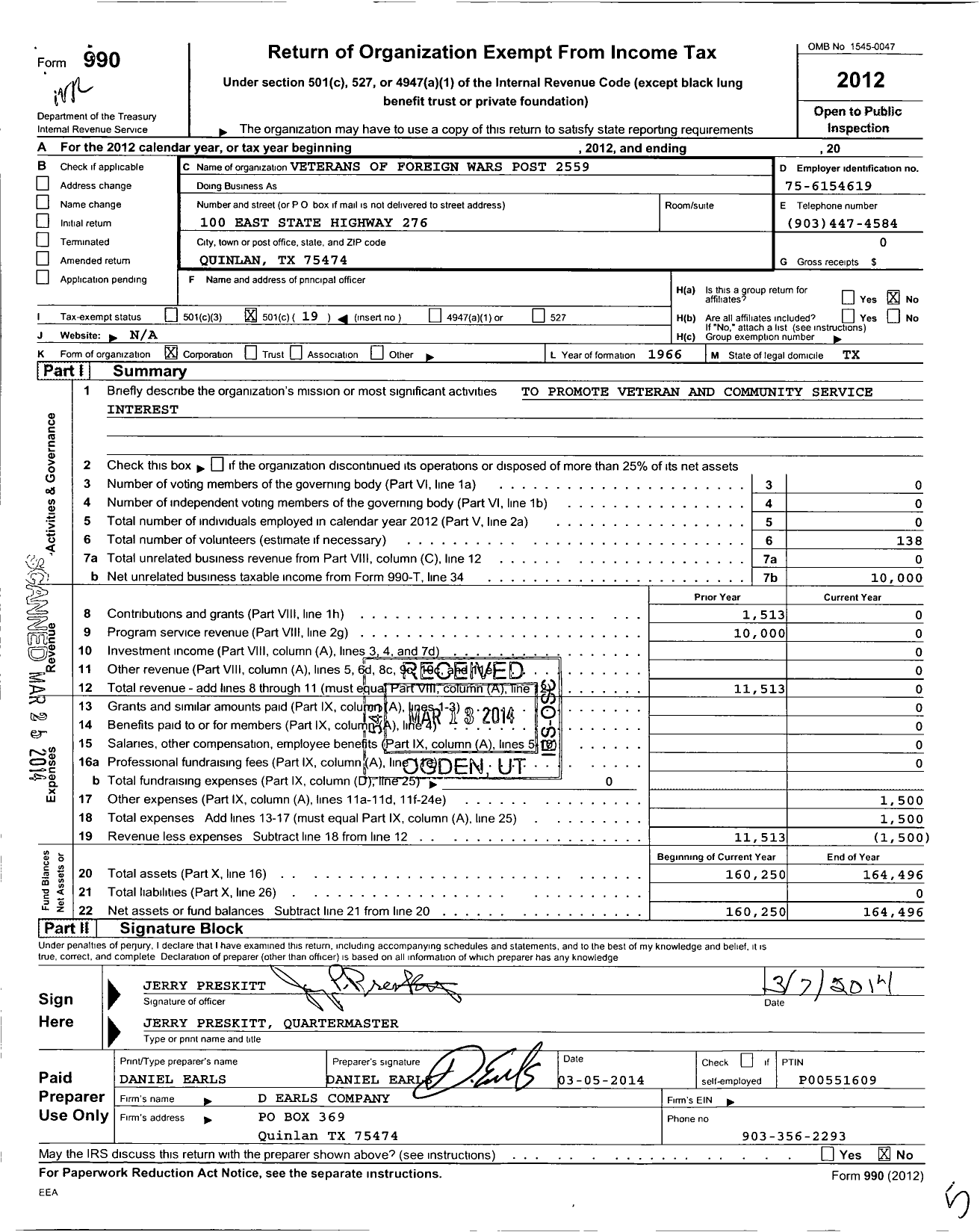 Image of first page of 2012 Form 990O for Texas VFW - Veterans of Foreign Wars Post