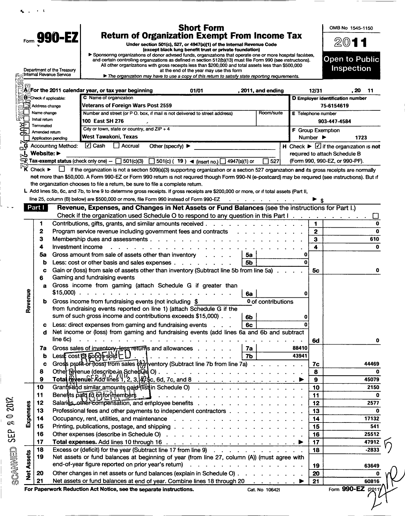 Image of first page of 2011 Form 990EO for Texas VFW - Veterans of Foreign Wars Post