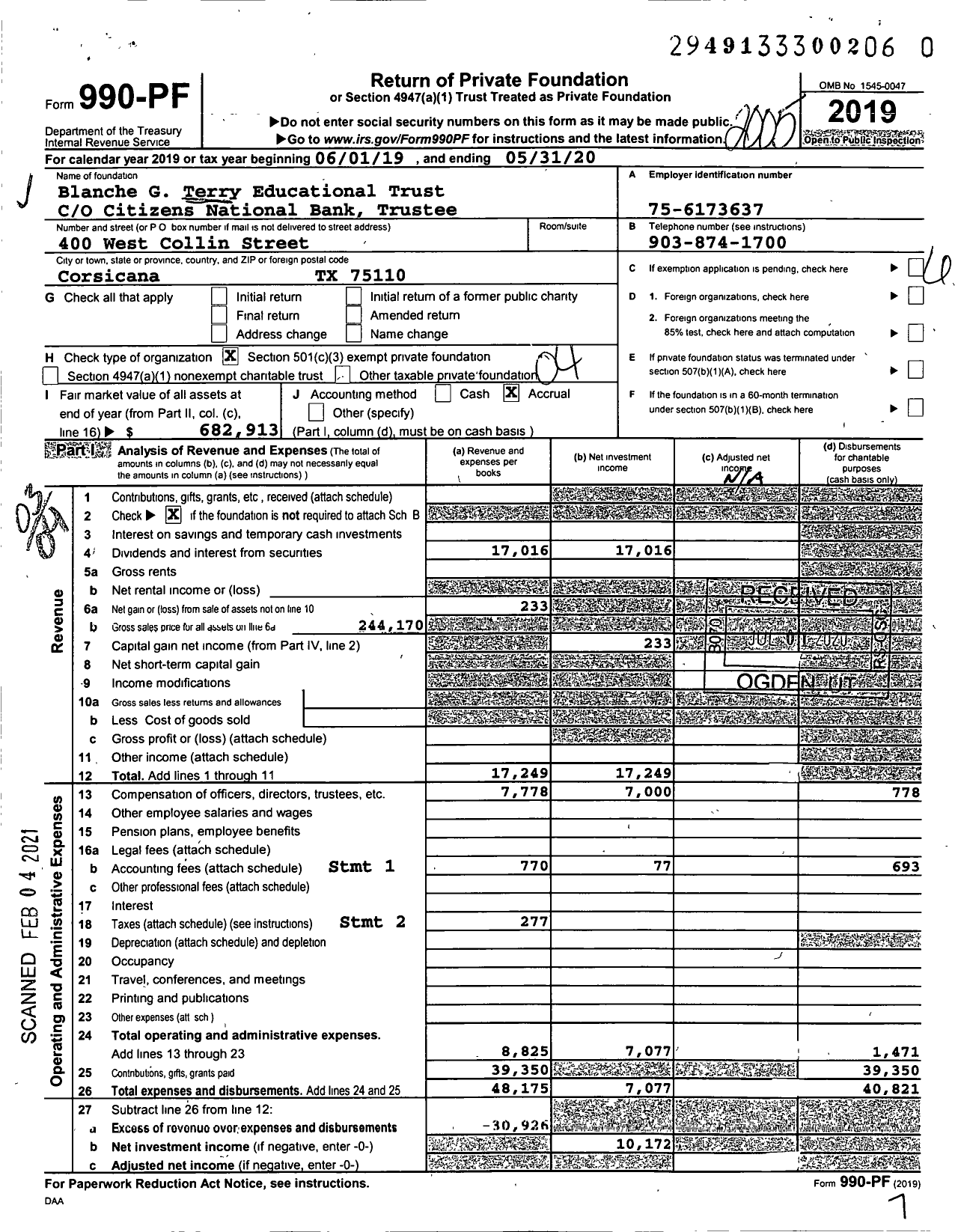 Image of first page of 2019 Form 990PF for BLANCHE G TERRY EDUCATIONal TRUST