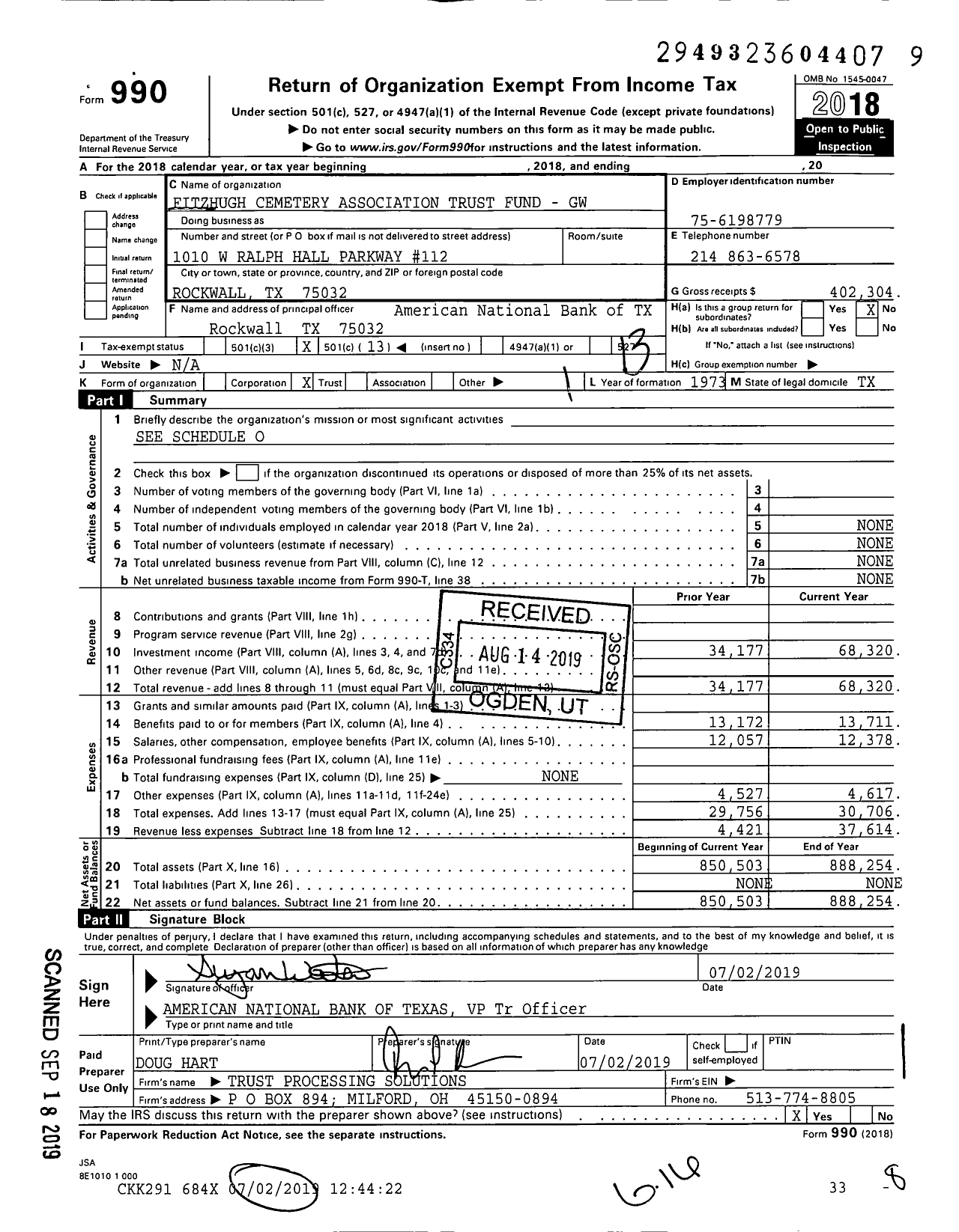 Image of first page of 2018 Form 990O for Fitzhugh Cemetery Association Trust Fund