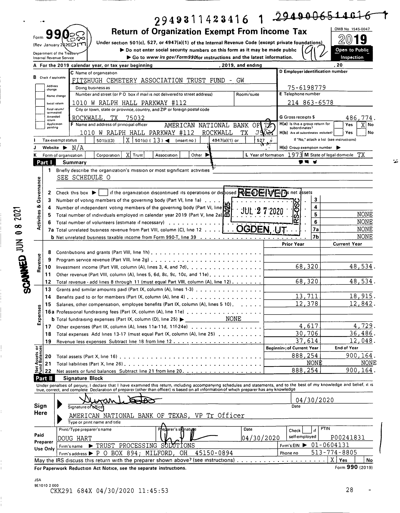 Image of first page of 2019 Form 990O for Fitzhugh Cemetery Association Trust Fund