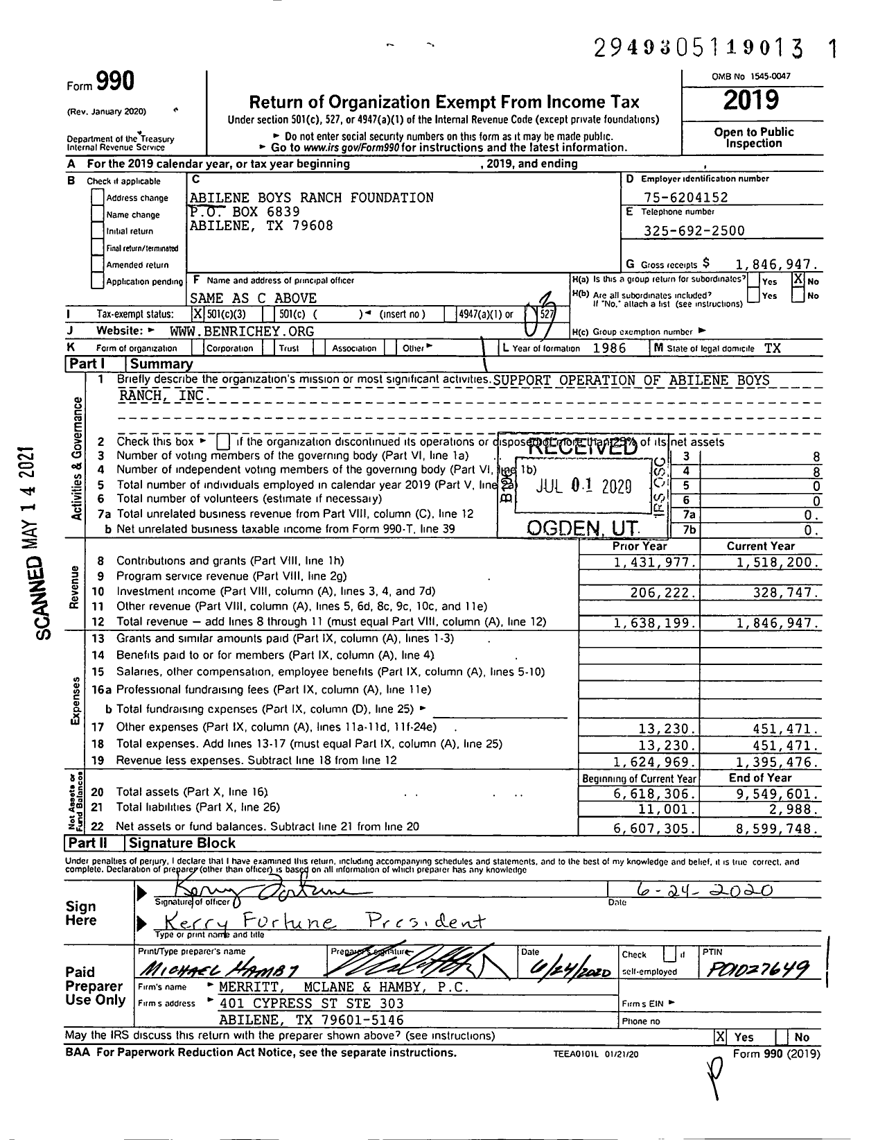 Image of first page of 2019 Form 990 for Abilene Boys Ranch Foundation