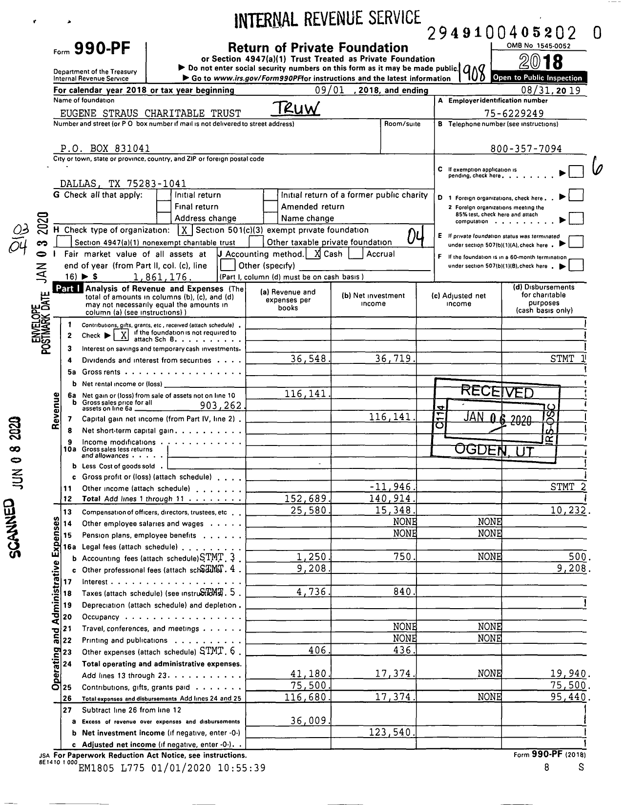 Image of first page of 2018 Form 990PR for Eugene Straus Charitable Trust