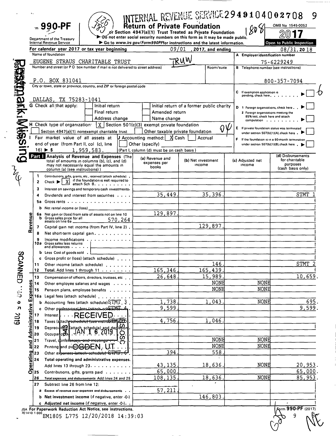 Image of first page of 2017 Form 990PF for Eugene Straus Charitable Trust