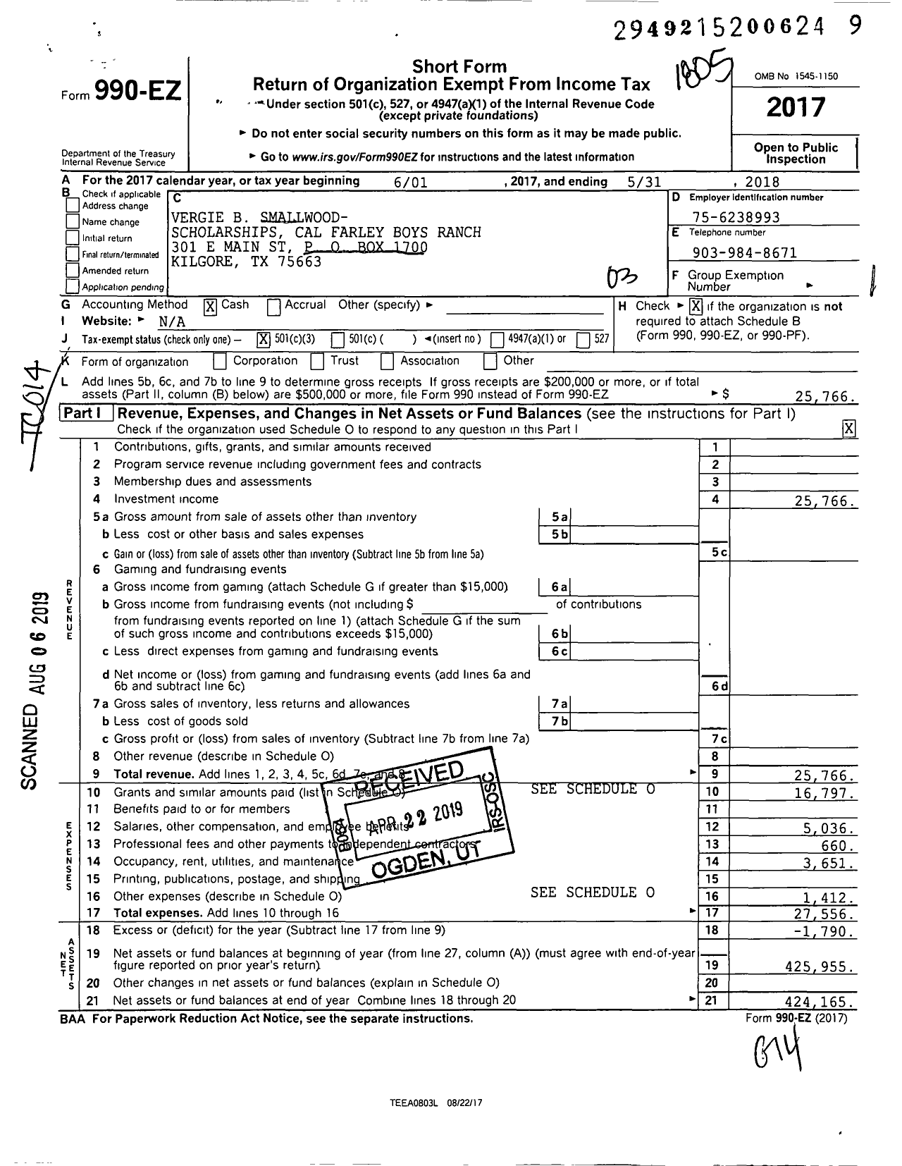 Image of first page of 2017 Form 990EZ for Vergie B Smallwood- Scholarships Cal Farley Boys Ranch