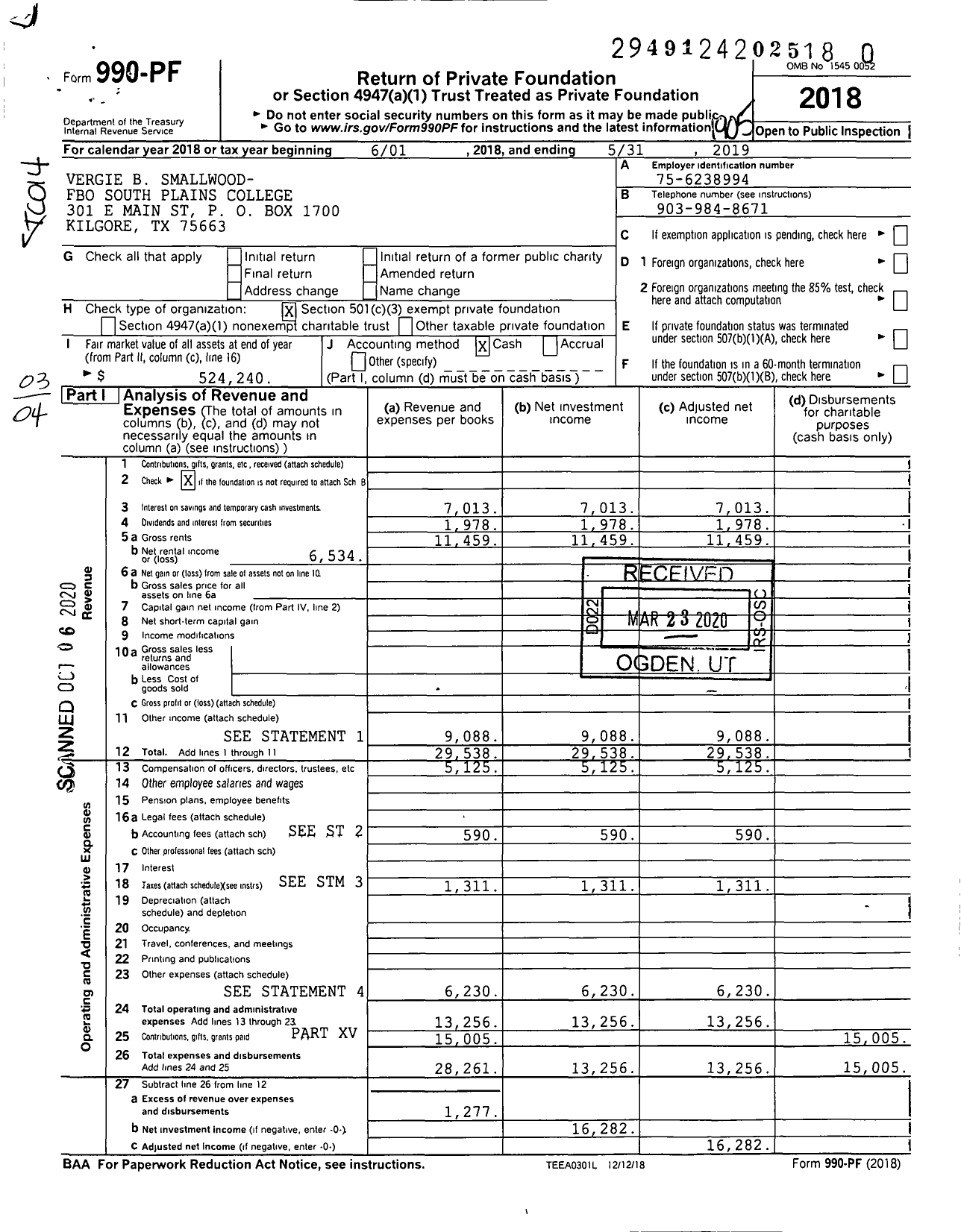 Image of first page of 2018 Form 990PR for Vergie B Smallwood- Fbo South Plains College