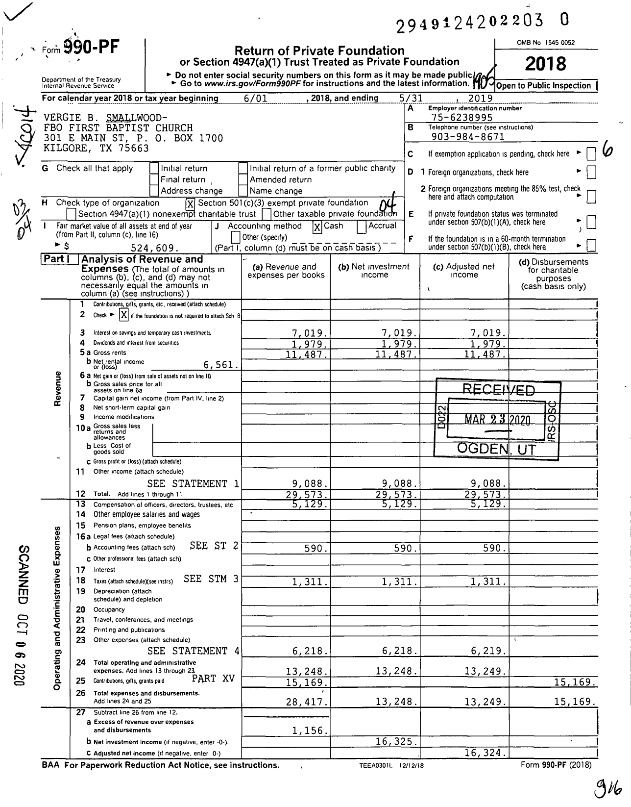 Image of first page of 2018 Form 990PR for Vergie B Smallwood- Fbo First Baptist Church