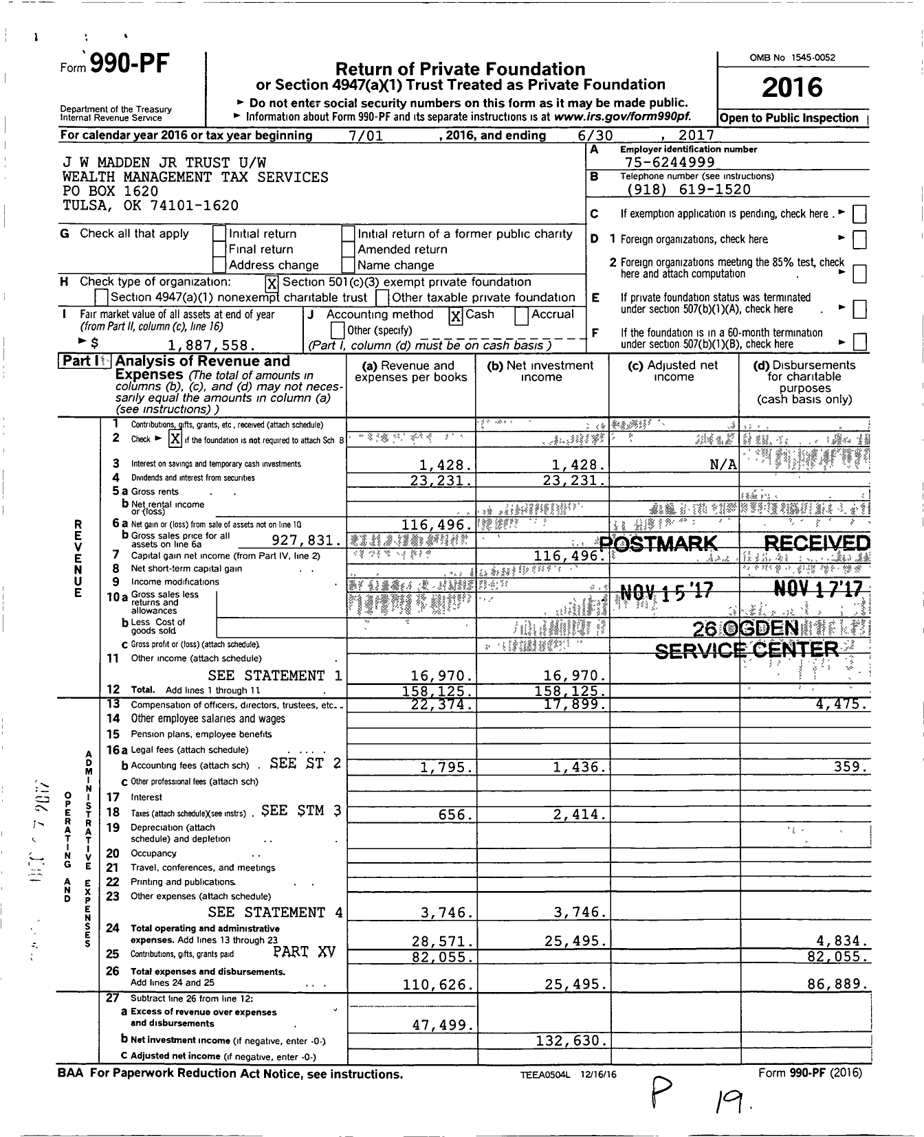 Image of first page of 2016 Form 990PF for J W Madden JR Trust Uw Wealth Management Tax Services