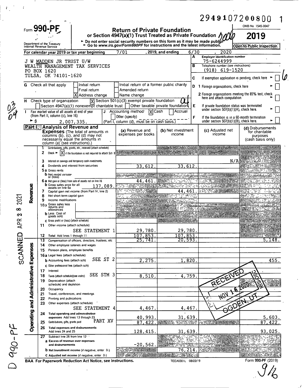 Image of first page of 2019 Form 990PF for J W Madden JR Trust Uw Wealth Management Tax Services