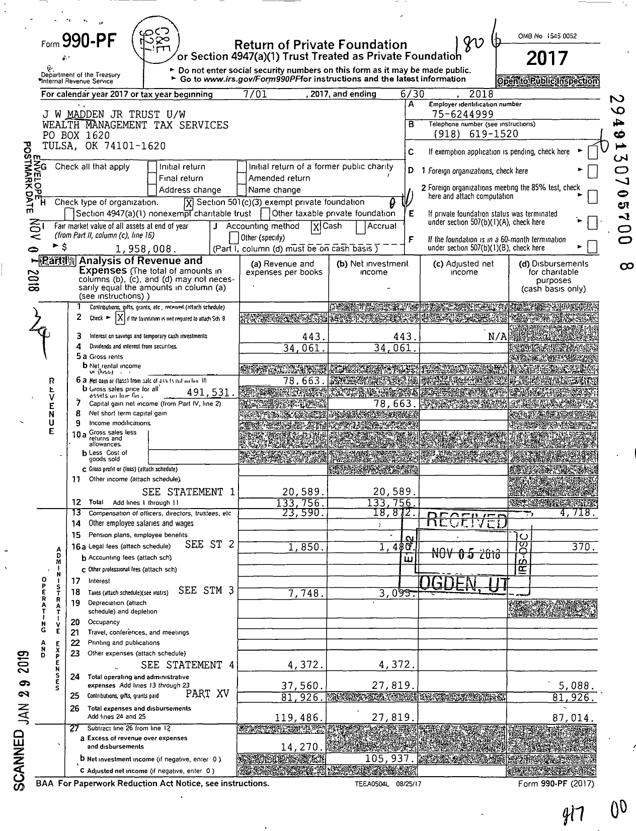 Image of first page of 2017 Form 990PF for J W Madden JR Trust Uw Wealth Management Tax Services