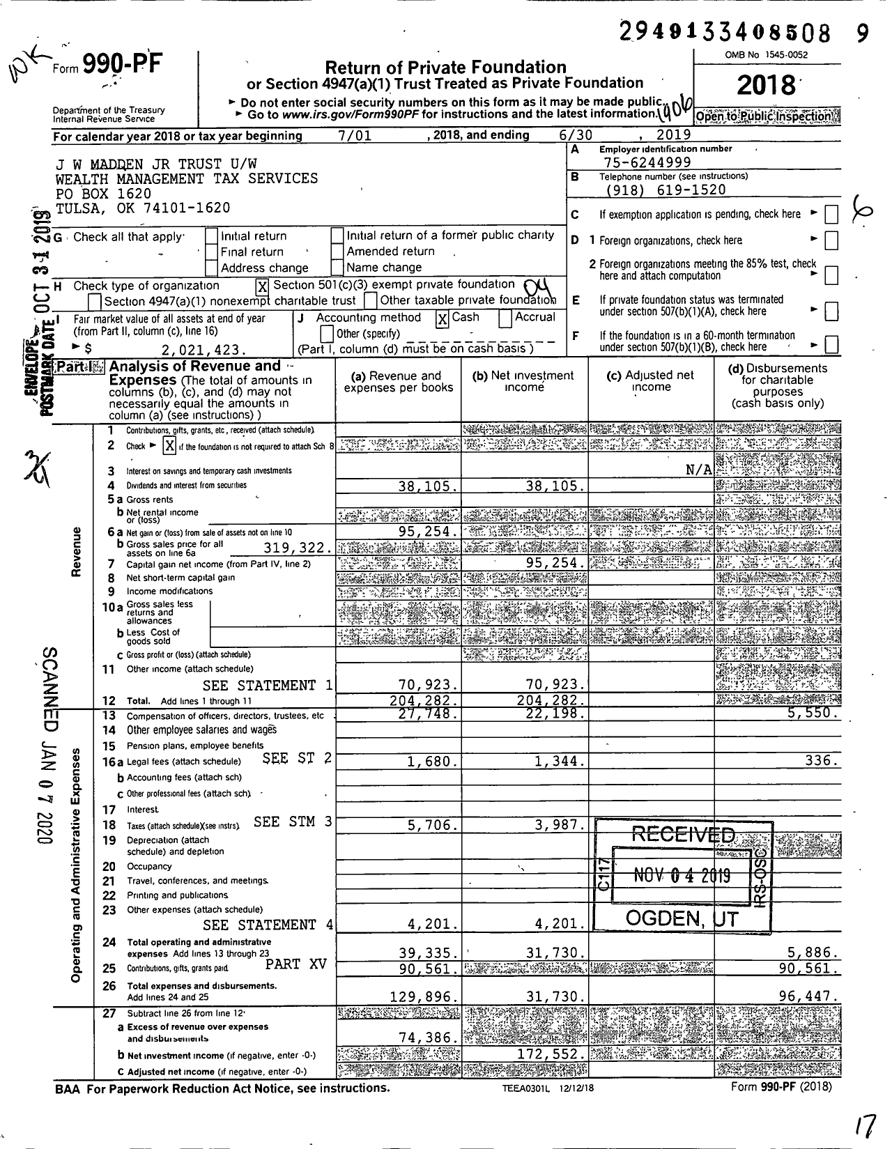 Image of first page of 2018 Form 990PF for J W Madden JR Trust Uw Wealth Management Tax Services