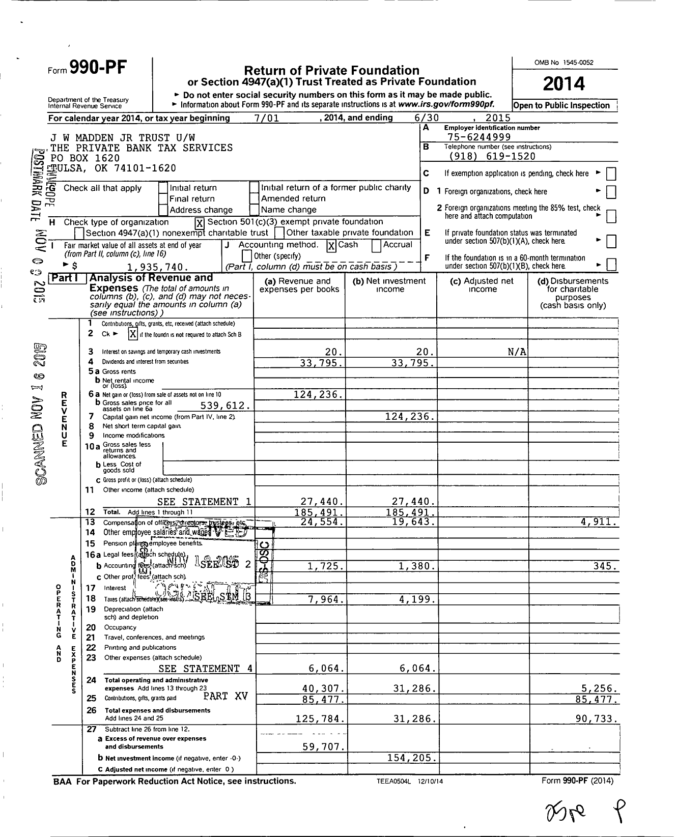 Image of first page of 2014 Form 990PF for J W Madden JR Trust Uw Wealth Management Tax Services