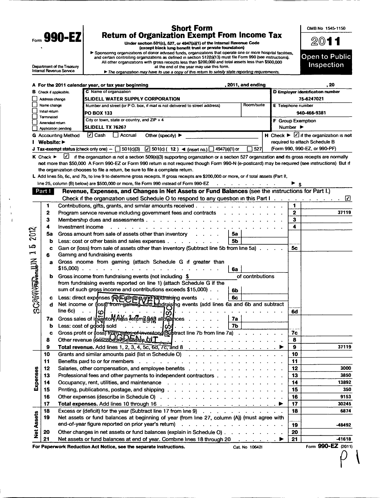 Image of first page of 2011 Form 990EO for Slidell Water Supply Corporation