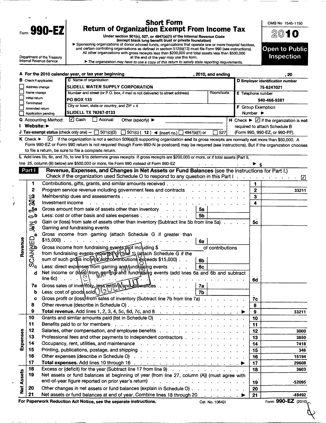 Image of first page of 2010 Form 990EO for Slidell Water Supply Corporation