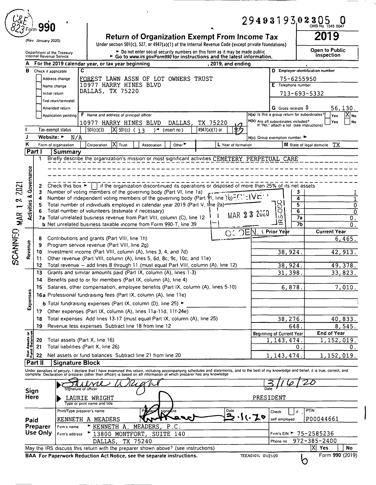 Image of first page of 2019 Form 990O for Forest Lawn Lot Owners Association Trust