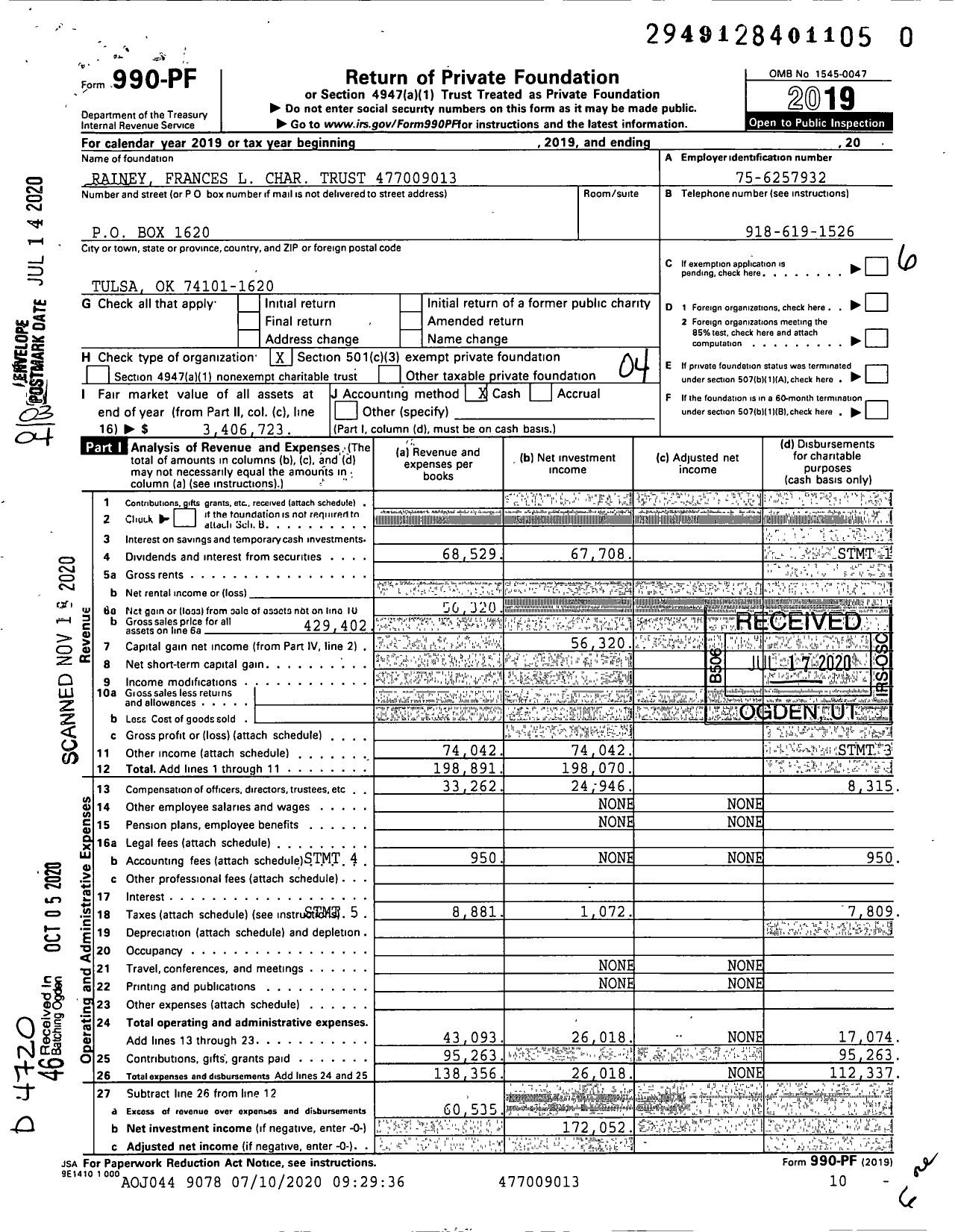 Image of first page of 2019 Form 990PF for Rainey Frances L Char Trust 477009013