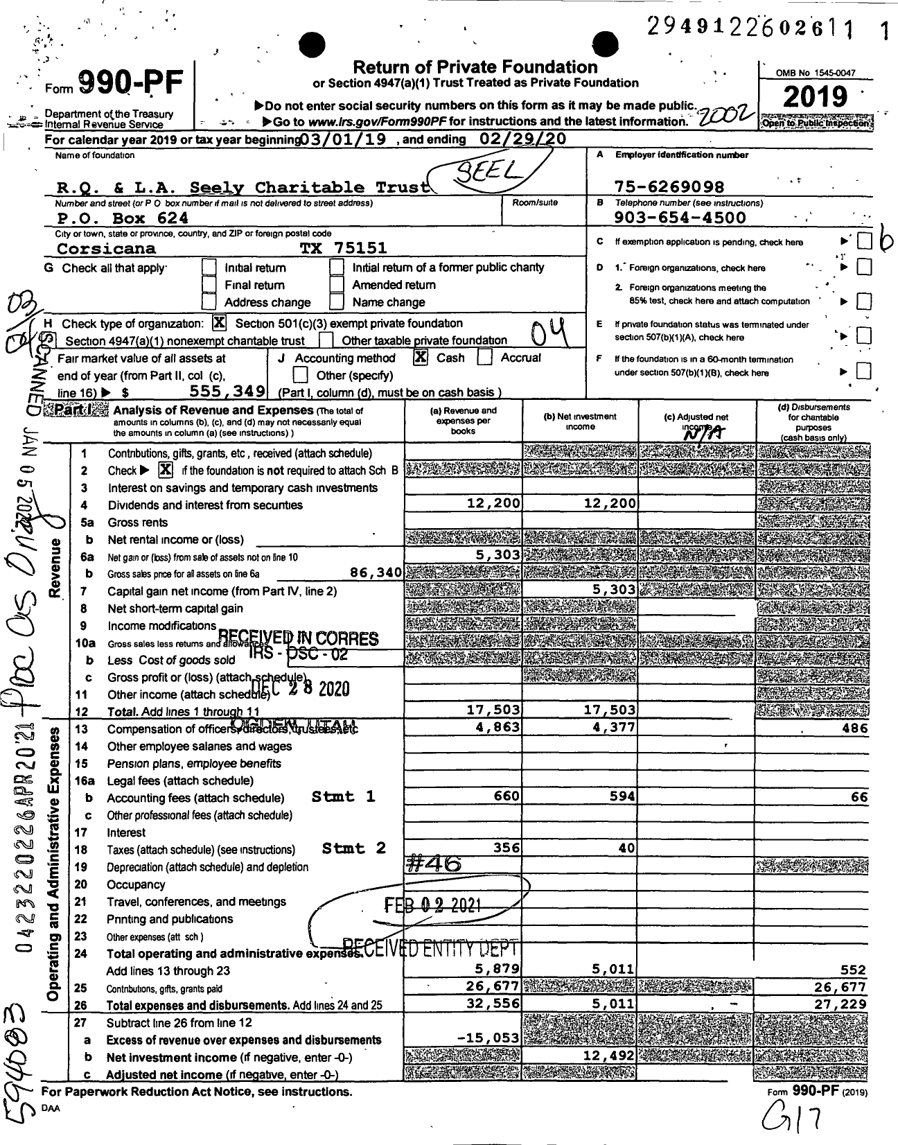 Image of first page of 2019 Form 990PF for Roger Q and Lovye A Seely Charitable