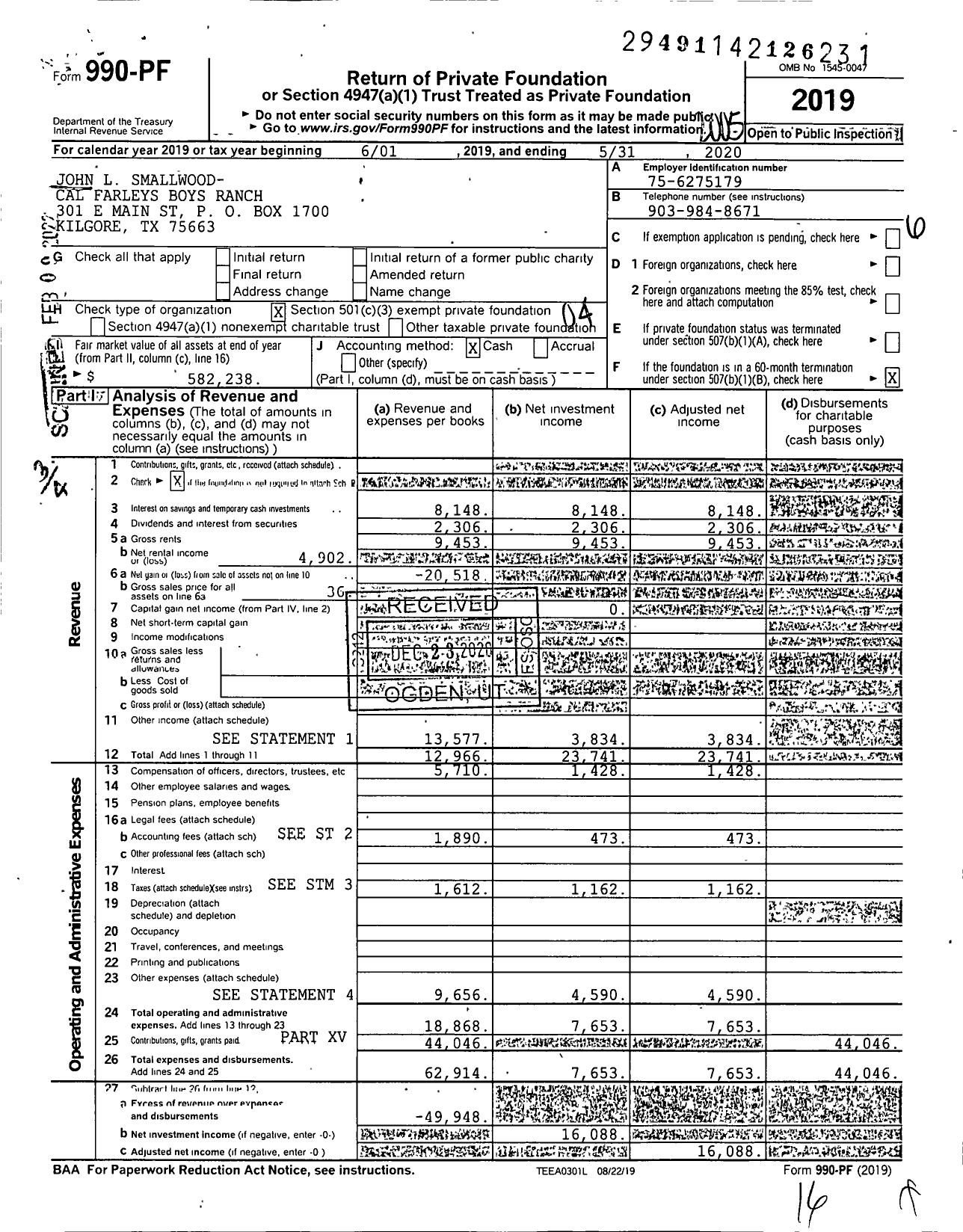 Image of first page of 2019 Form 990PF for John L Smallwood- Cal Farleys Boys Ranch