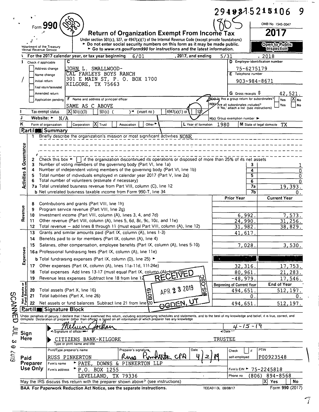 Image of first page of 2017 Form 990 for John L Smallwood- Cal Farleys Boys Ranch