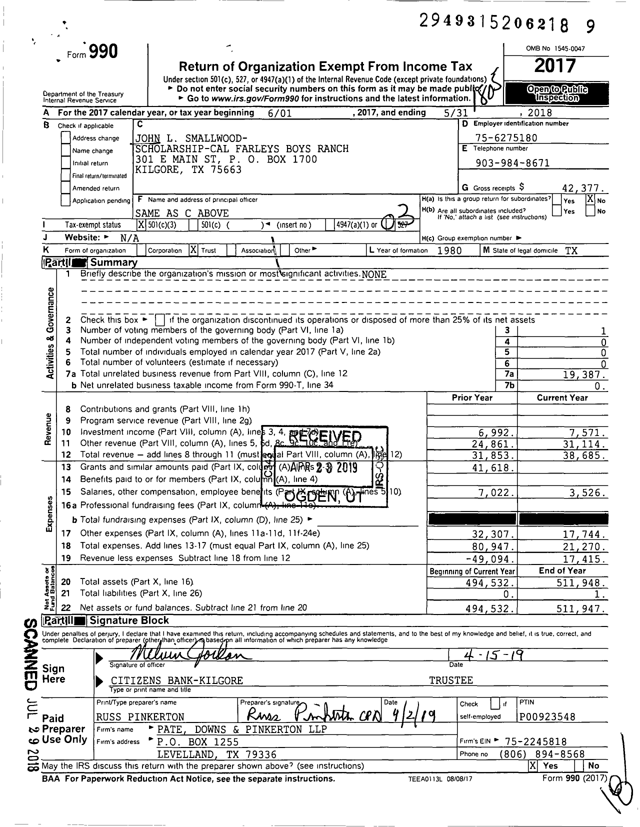 Image of first page of 2017 Form 990 for John L Smallwood- Scholarship-Cal Farleys Boys Ranch