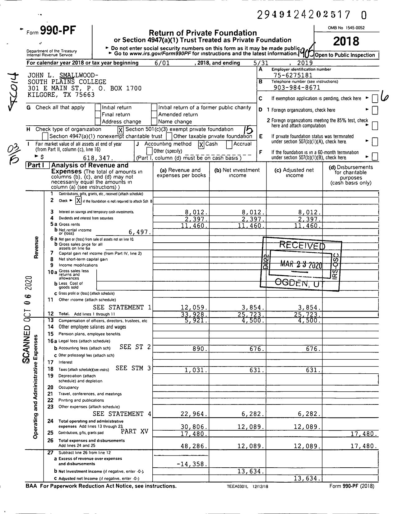 Image of first page of 2018 Form 990PR for John L Smallwood- South Plains College