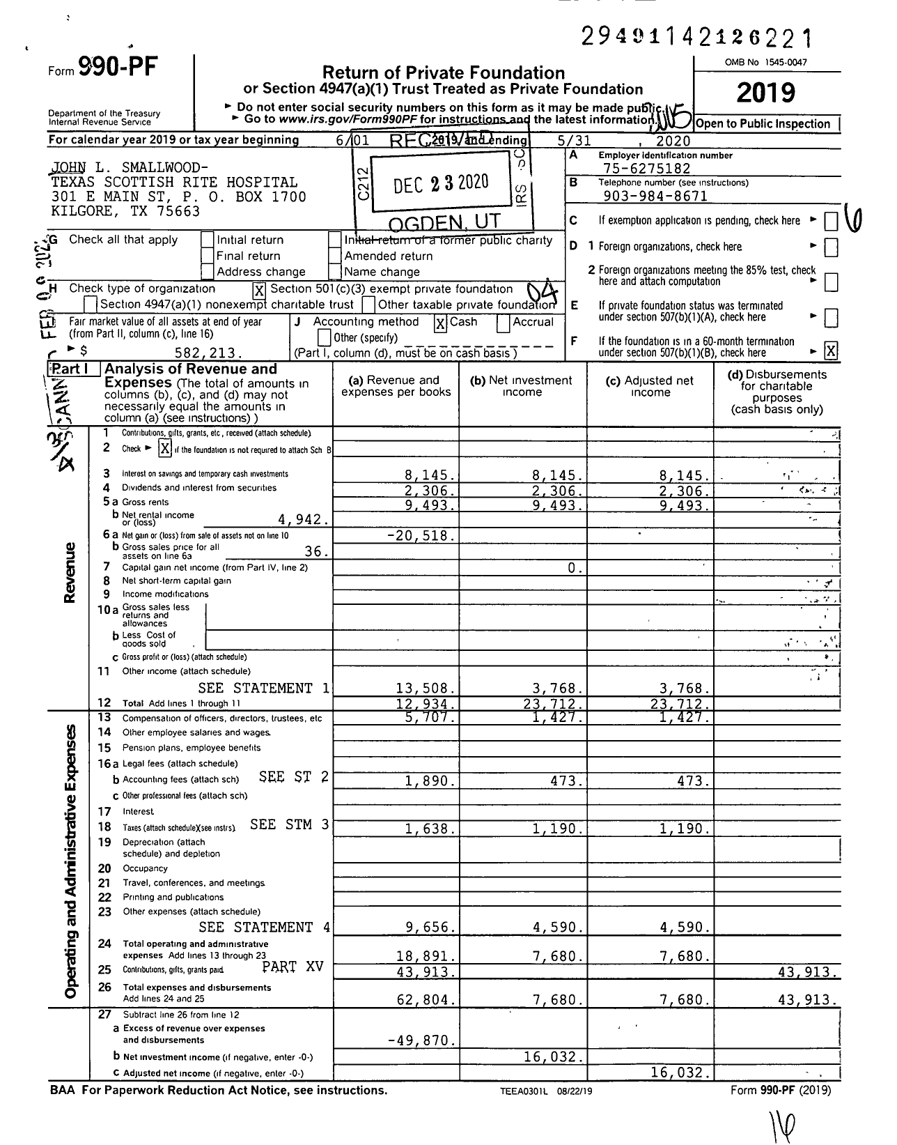 Image of first page of 2019 Form 990PF for John L Smallwood- Texas Scottish Rite Hospital