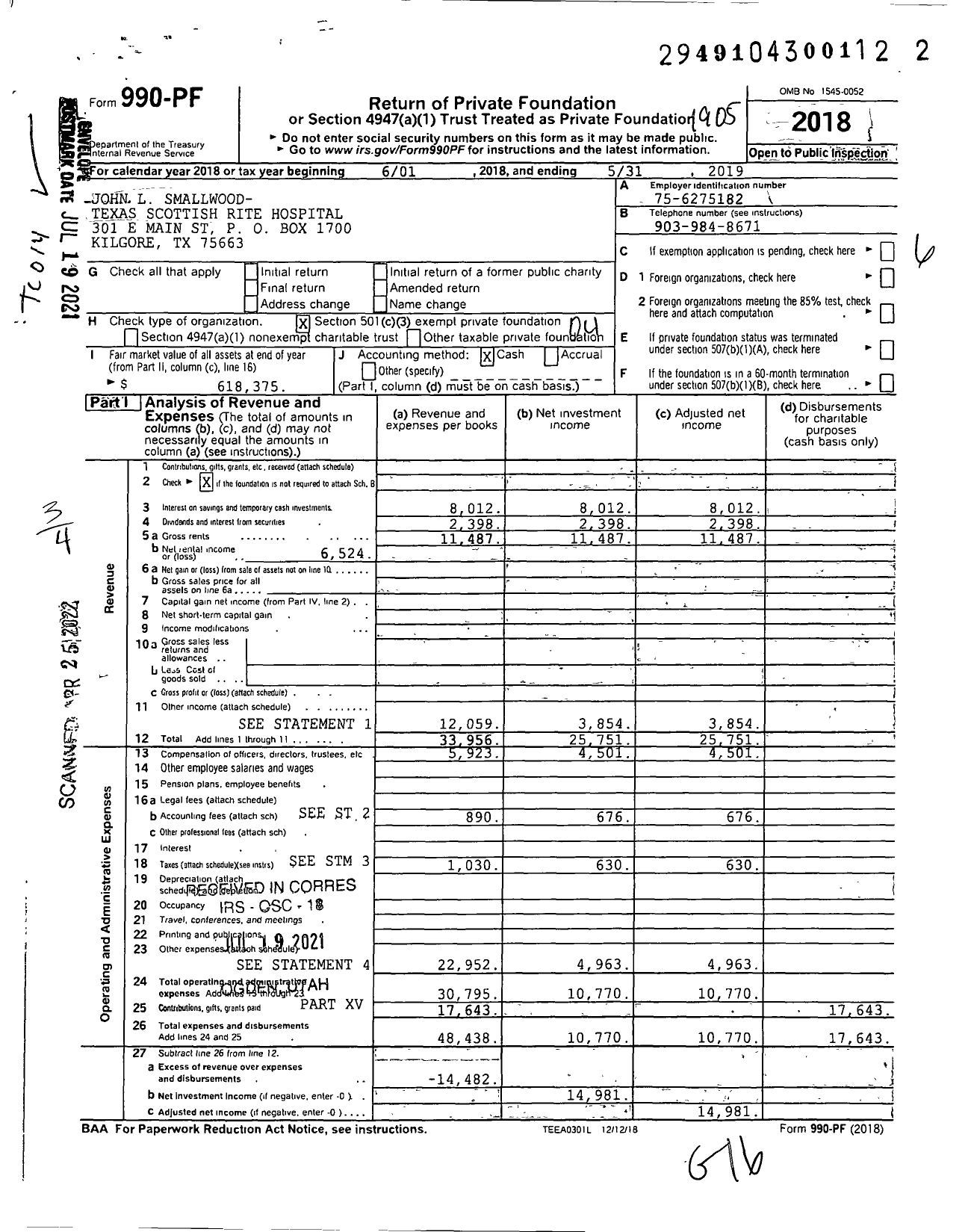 Image of first page of 2018 Form 990PF for John L Smallwood- Texas Scottish Rite Hospital