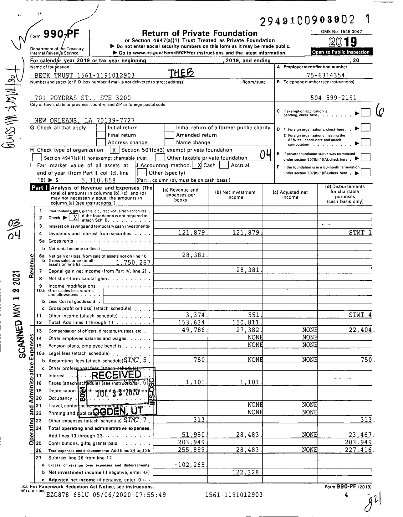 Image of first page of 2019 Form 990PF for The Beck Trust 1561-1191012903