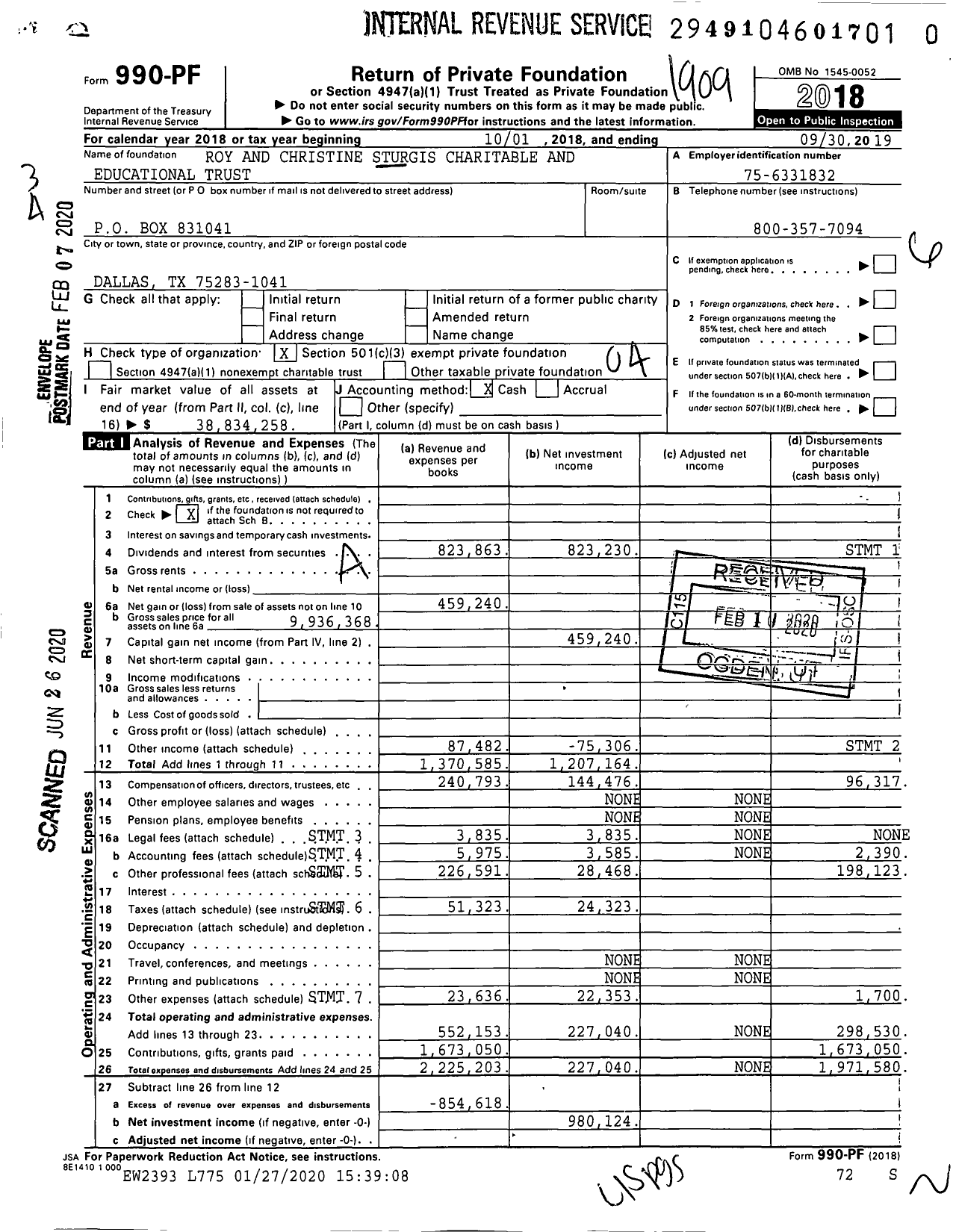 Image of first page of 2018 Form 990PR for Roy and Christine Sturgis Charitable and