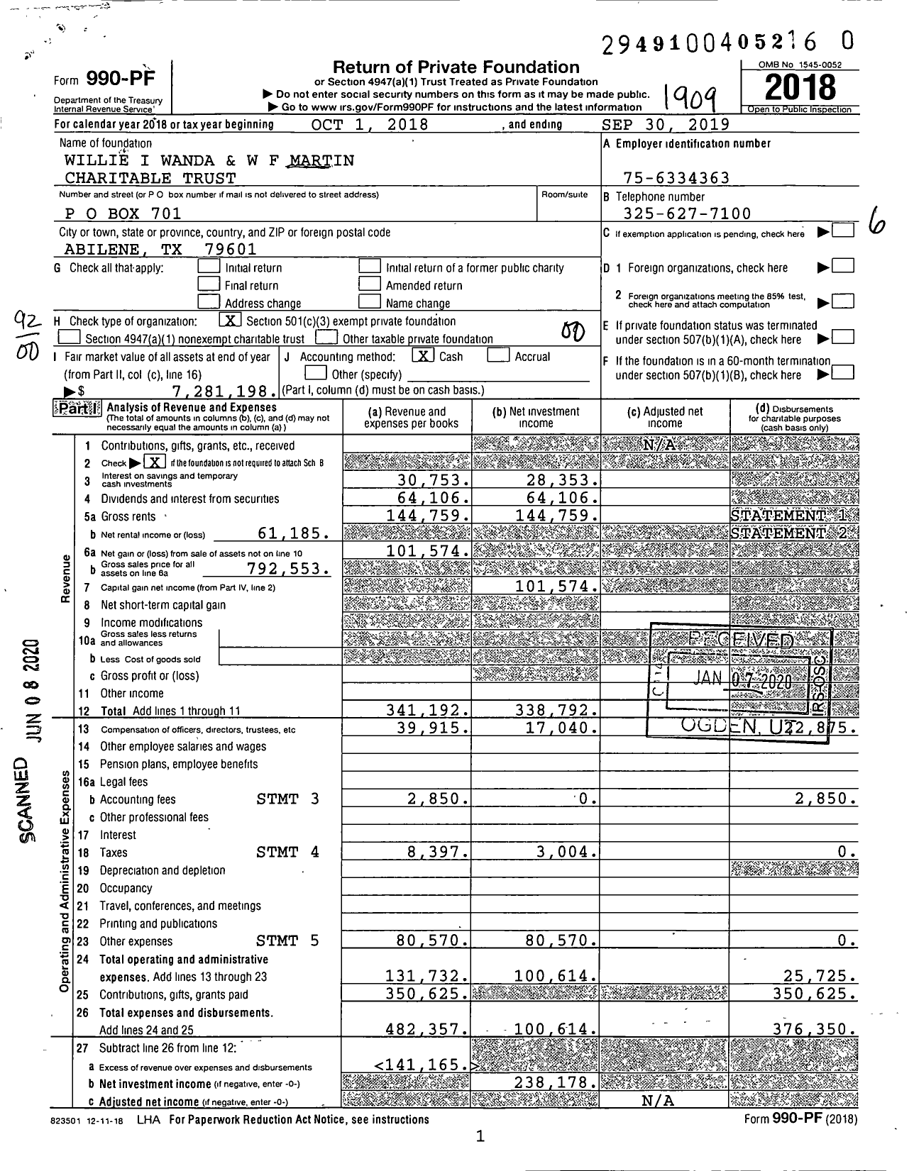 Image of first page of 2018 Form 990PR for Willie I Wanda and W F Martin Charitable Trust