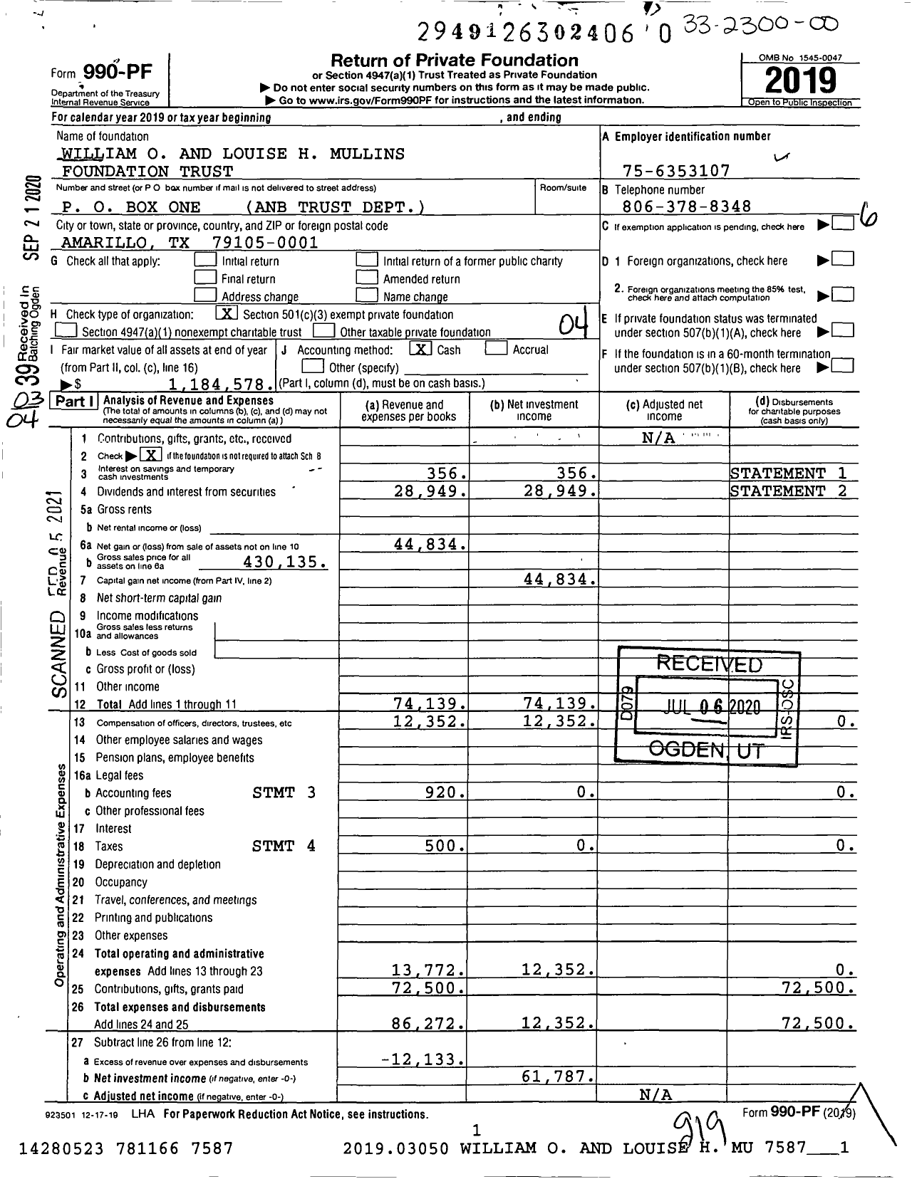 Image of first page of 2019 Form 990PF for William and Louise Mullins Foundation