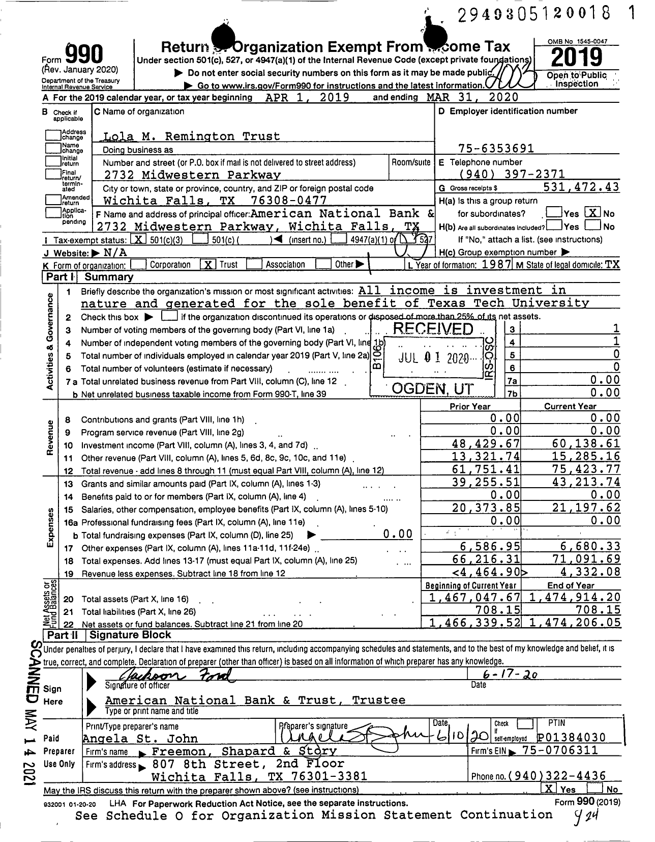 Image of first page of 2019 Form 990 for Lola M Remington Trust