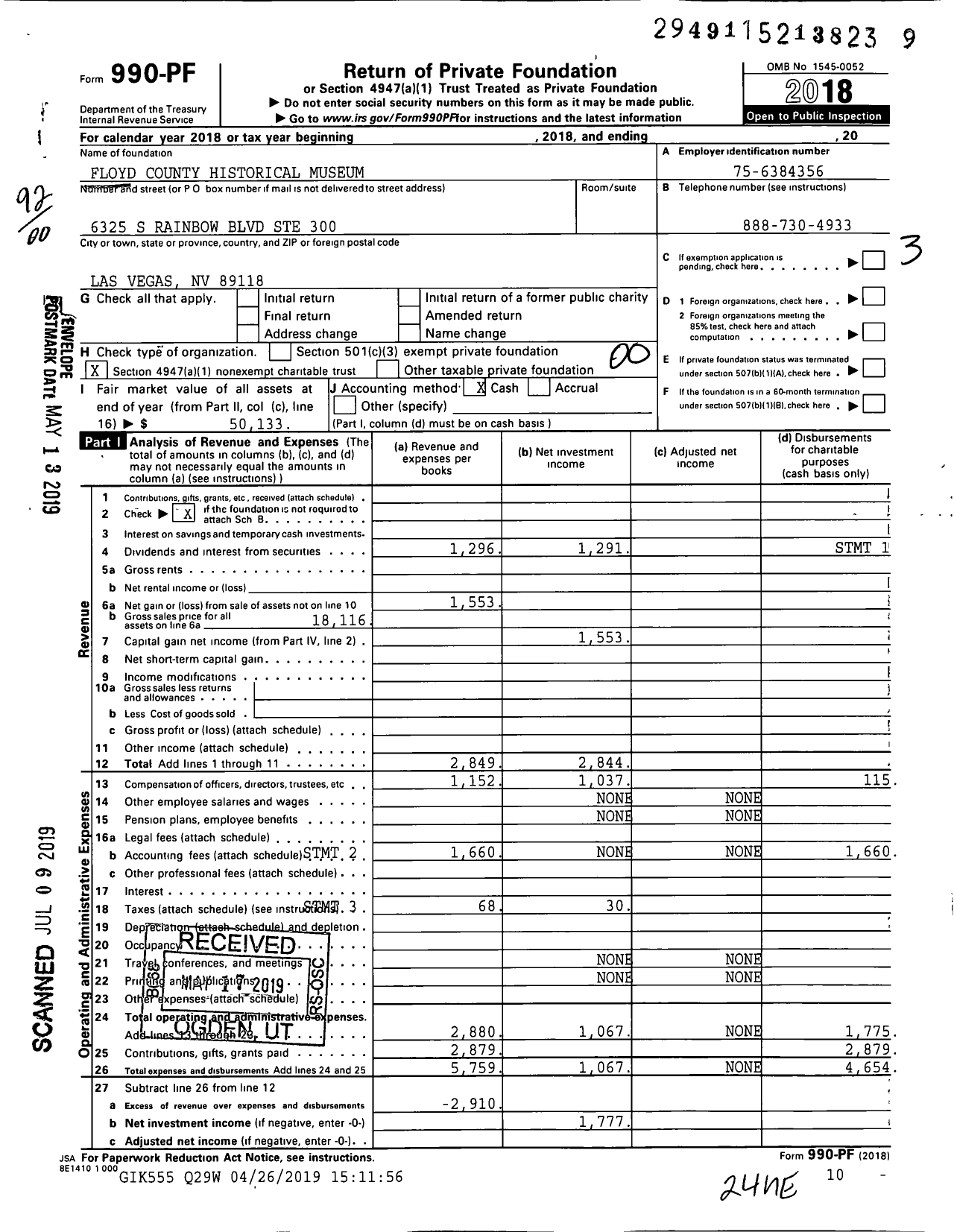 Image of first page of 2018 Form 990PF for Floyd County Historical Museum