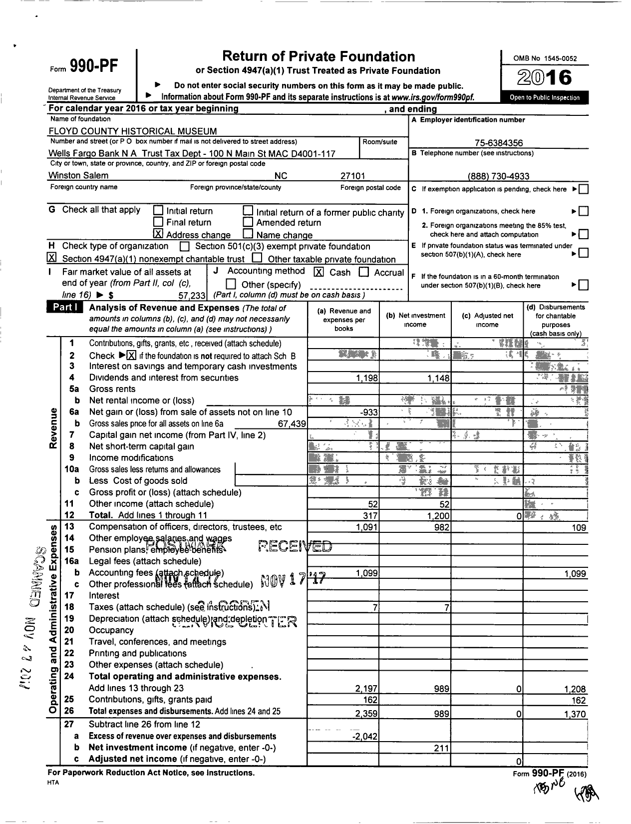 Image of first page of 2016 Form 990PF for Floyd County Historical Museum