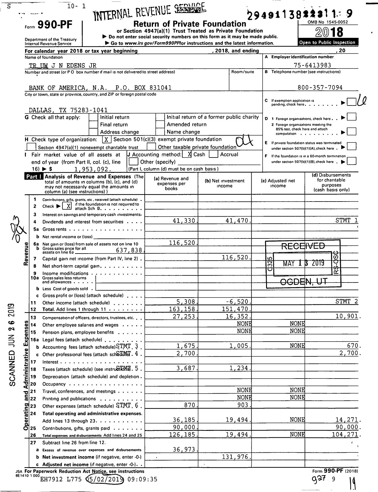 Image of first page of 2018 Form 990PF for TR Uw J N Edens JR