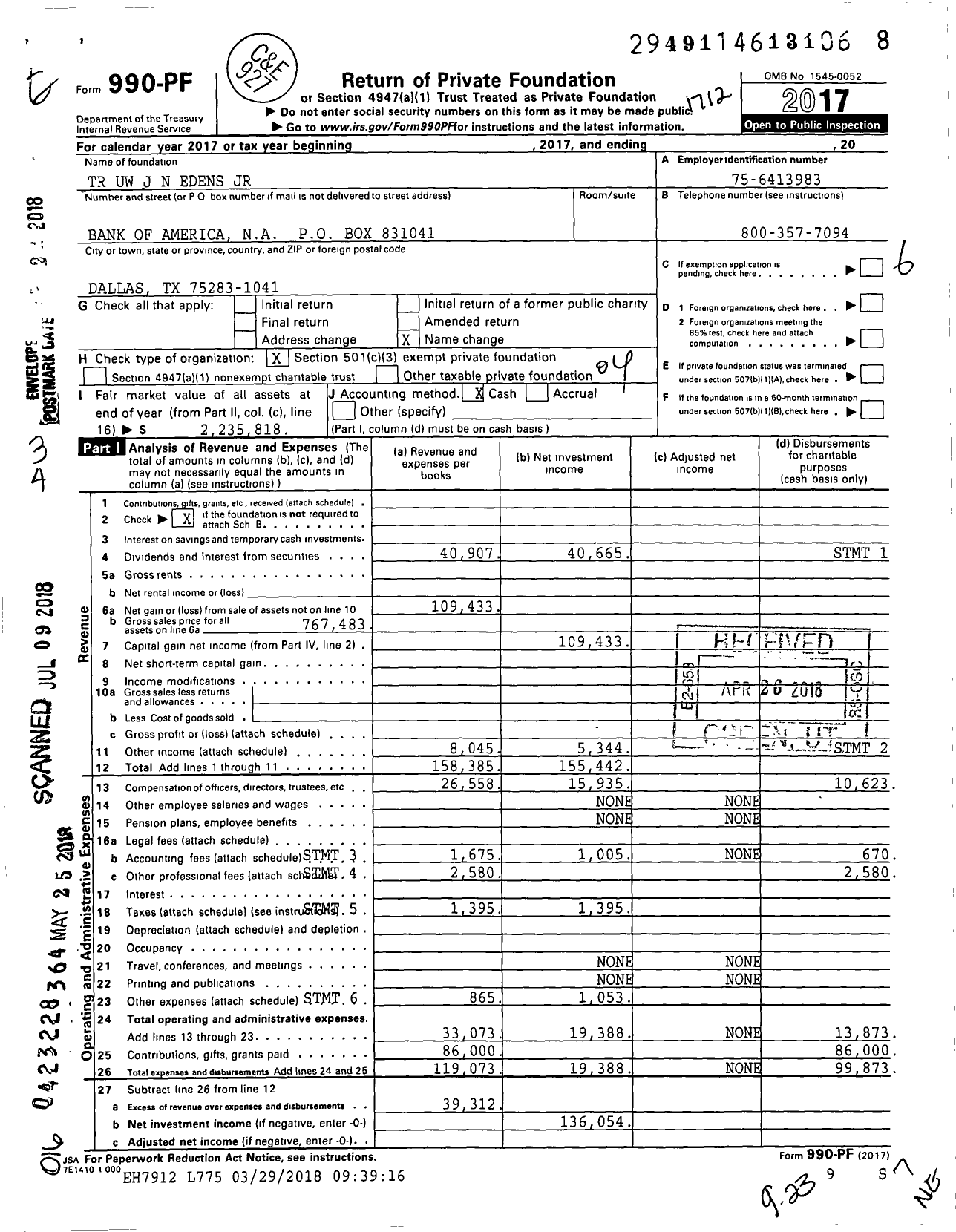 Image of first page of 2017 Form 990PF for TR Uw J N Edens JR
