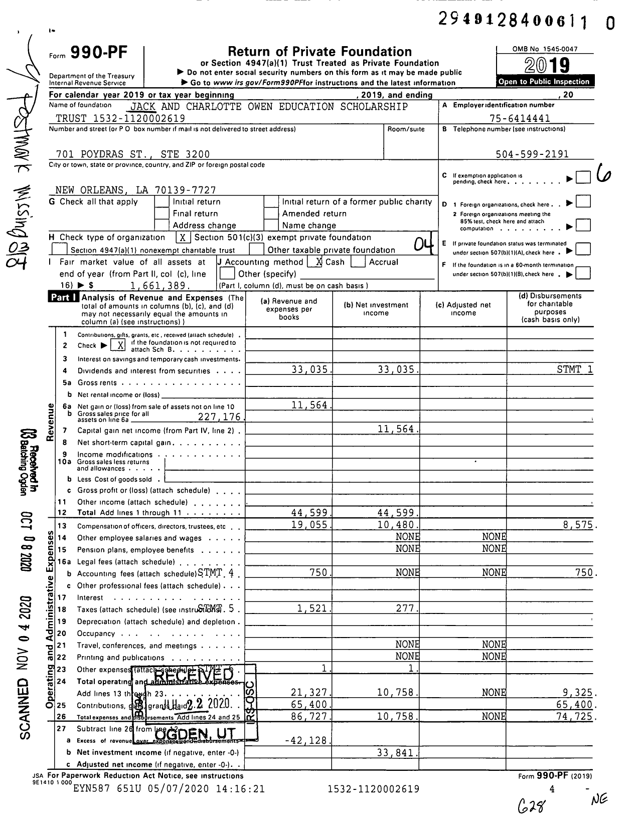 Image of first page of 2019 Form 990PF for Jack and Charlotte Owen Education Scholarship