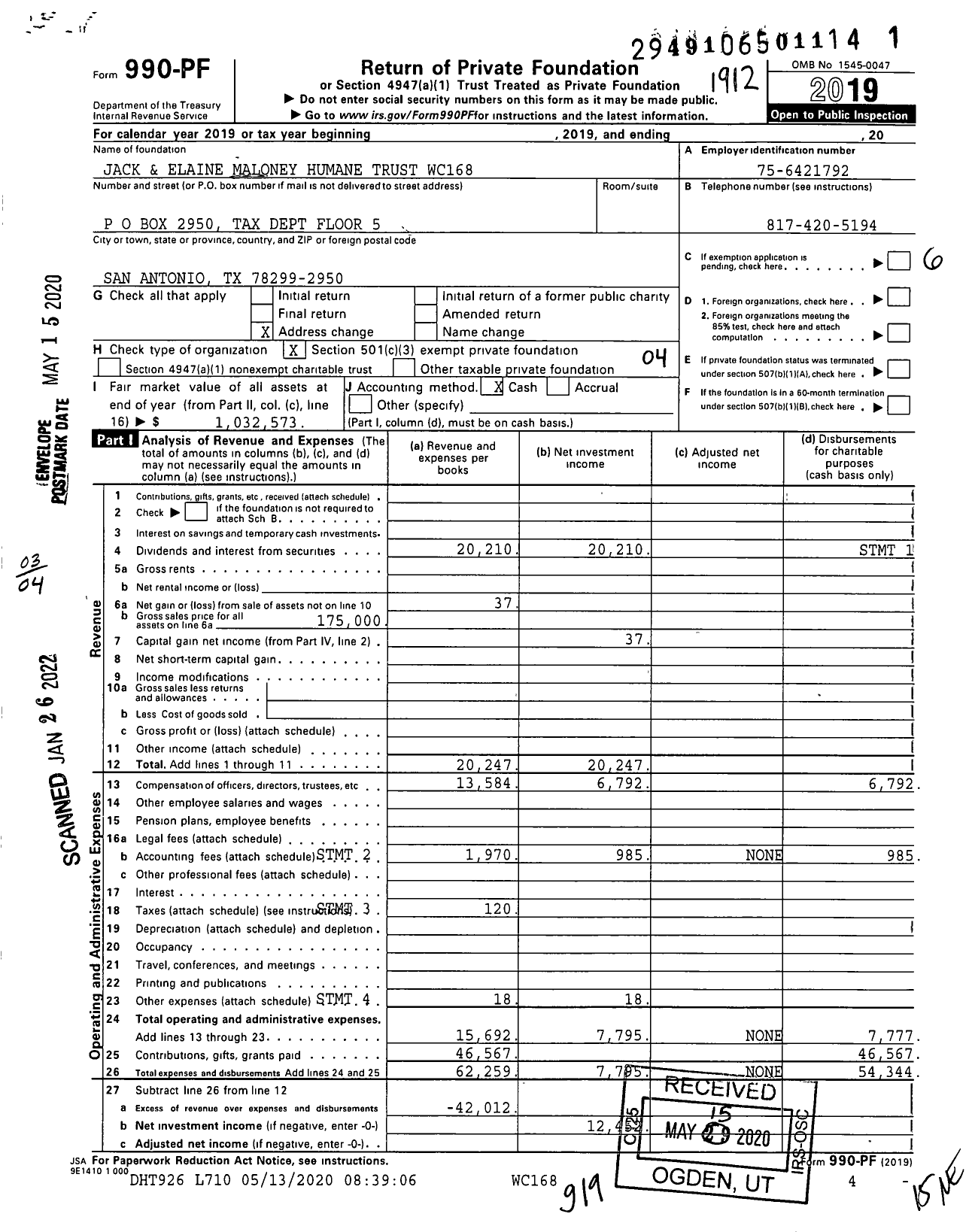 Image of first page of 2019 Form 990PF for Jack and Elaine Maloney Humane Trust WC168