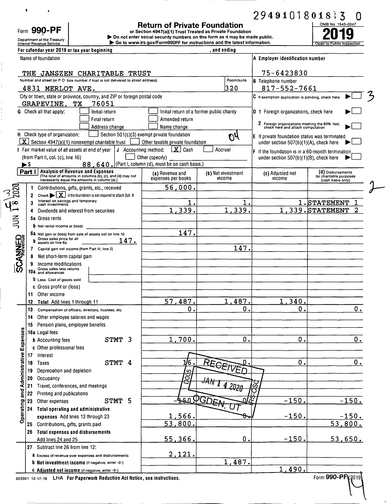 Image of first page of 2019 Form 990PR for The Janszen Charitable Trust