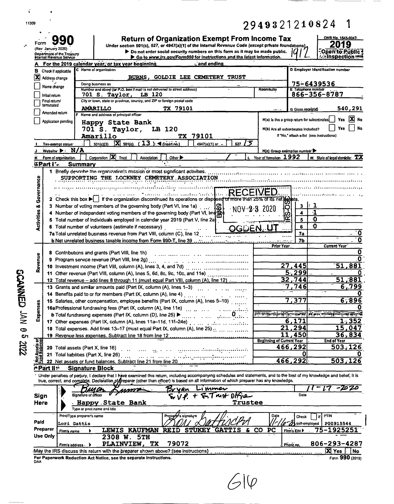 Image of first page of 2019 Form 990O for Burns Goldie Lee Cemetery Trust