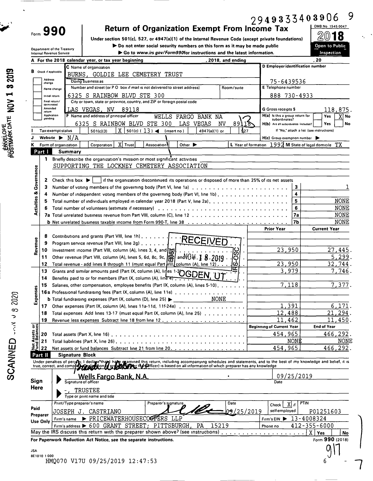 Image of first page of 2018 Form 990O for Burns Goldie Lee Cemetery Trust