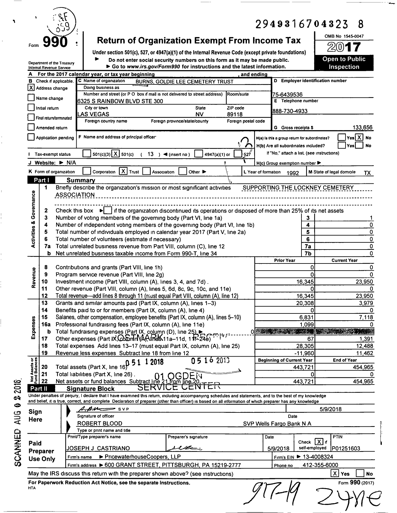 Image of first page of 2017 Form 990O for Burns Goldie Lee Cemetery Trust