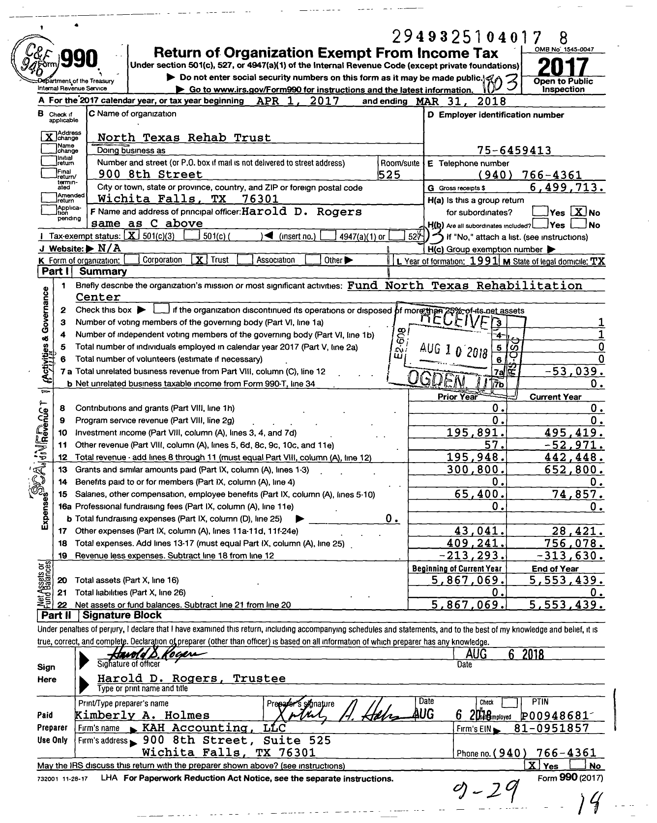 Image of first page of 2017 Form 990 for North Texas Rehab Trust
